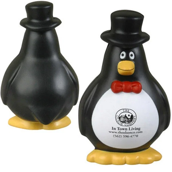 Gentleman penguin shaped stress reliever with a pad-printed belly imprint