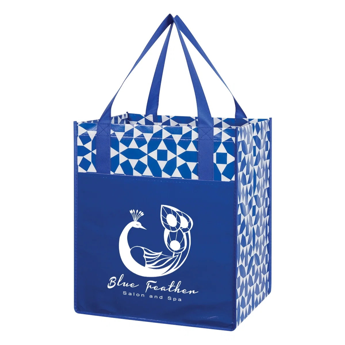 Royal blue shopping tote printed with a geometric pattern
