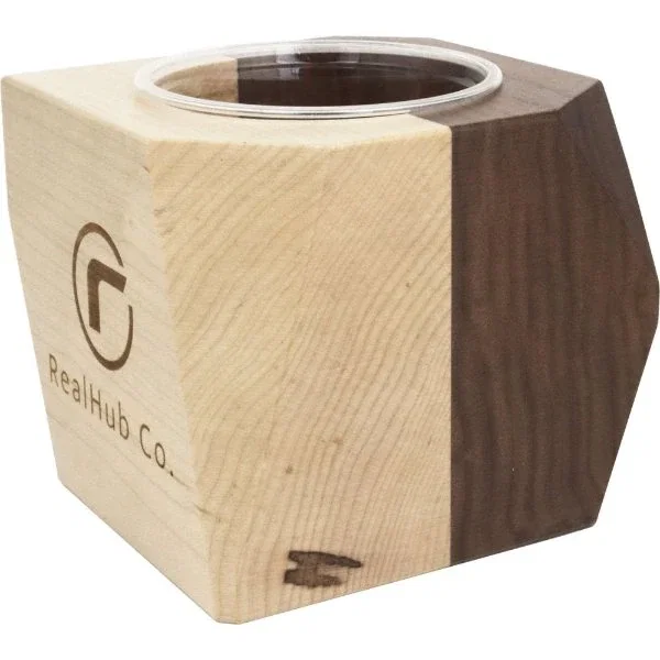 Laser-engraved geometric wooden planter with modern angular shape