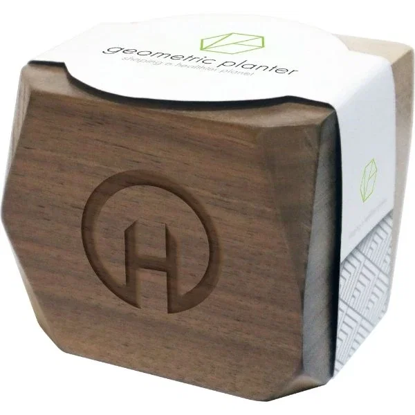 Geometric wood planter packaged in Made-in-USA presentation sleeve