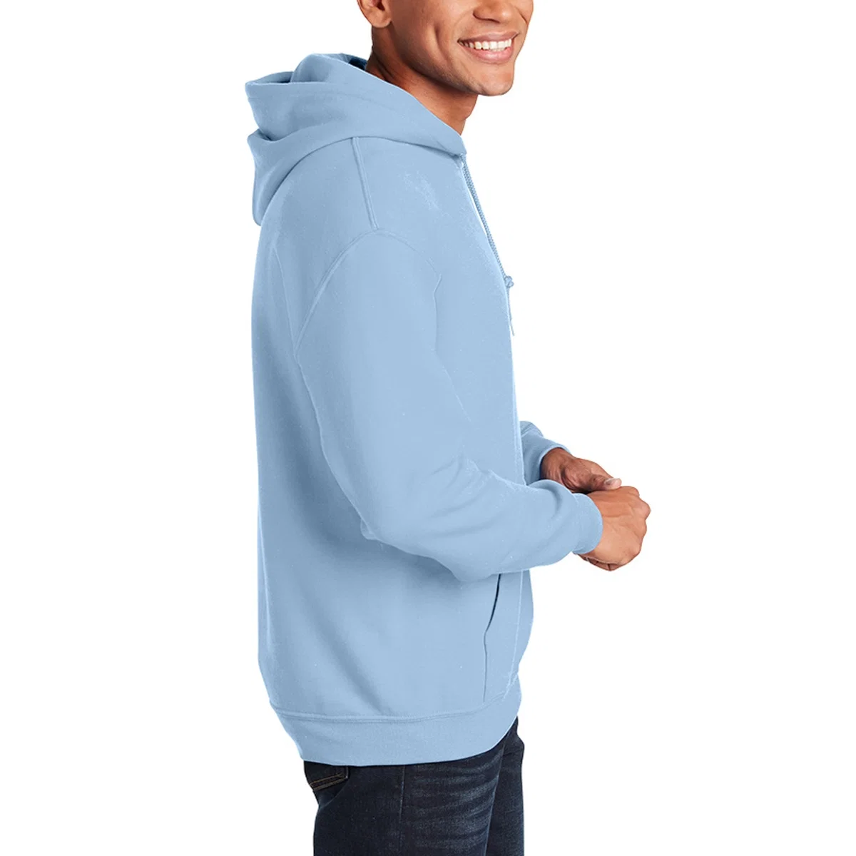 Pullover hoodie shown flat with ribbed cuffs and a matching waistband