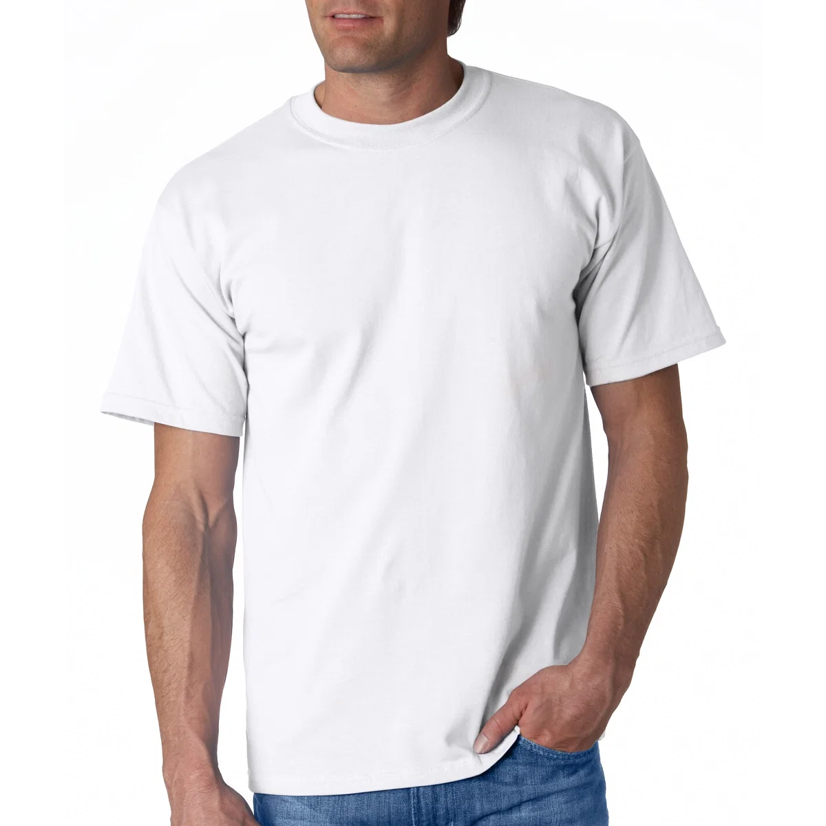 Model wearing the short-sleeve cotton top
