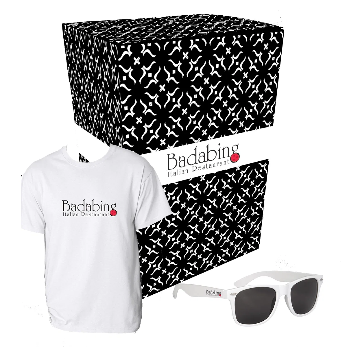 Tee shirt and sunglasses packaged together inside a gift box