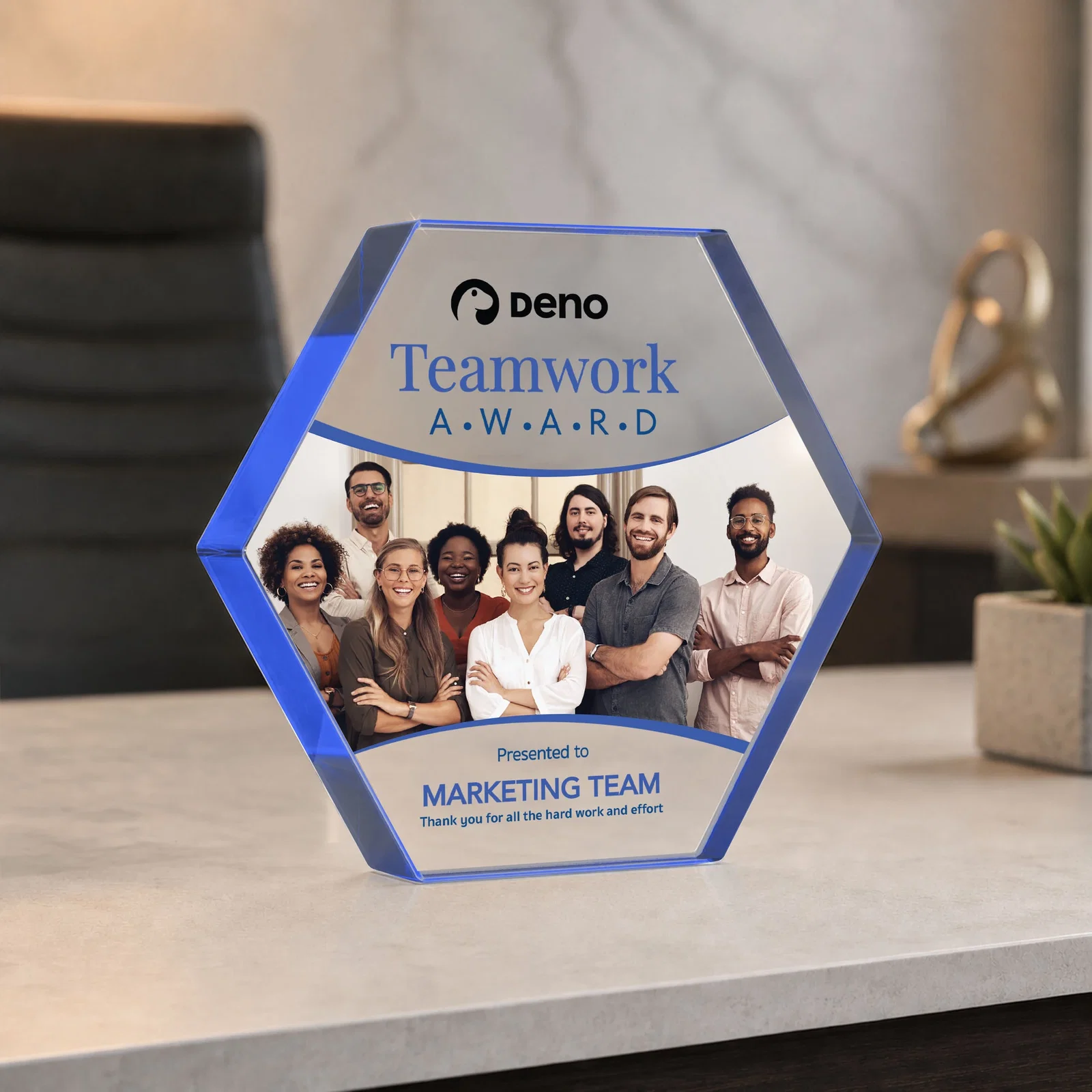 Custom printed Starfire Crystal Hexagon Award in Multiple Colors, No Base, desk awards for retirement presentations