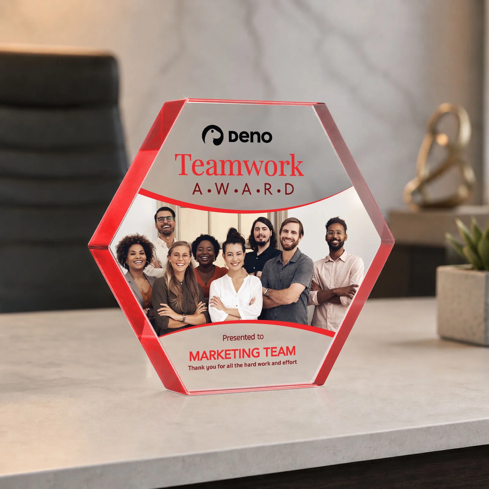 Custom printed Starfire Crystal Hexagon Award in Multiple Colors, No Base, desk awards for dealer and partner awards