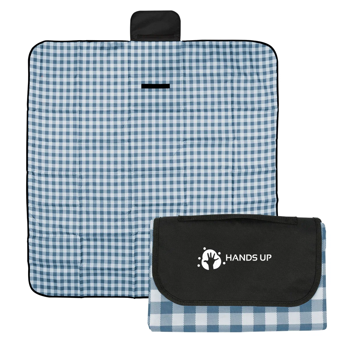 Gingham picnic blanket rolled into a compact twelve inch bundle