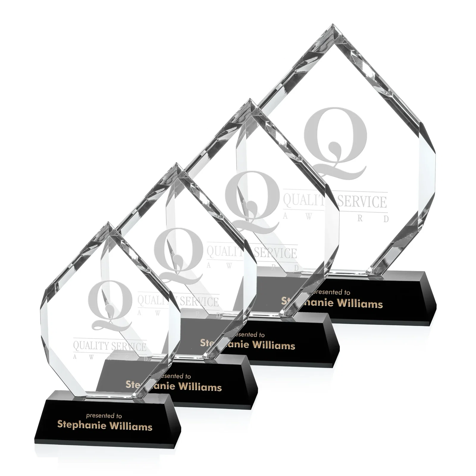 Custom Hand-Faceted Optical Crystal Wedge Award on a Black Base, awards for employee recognition