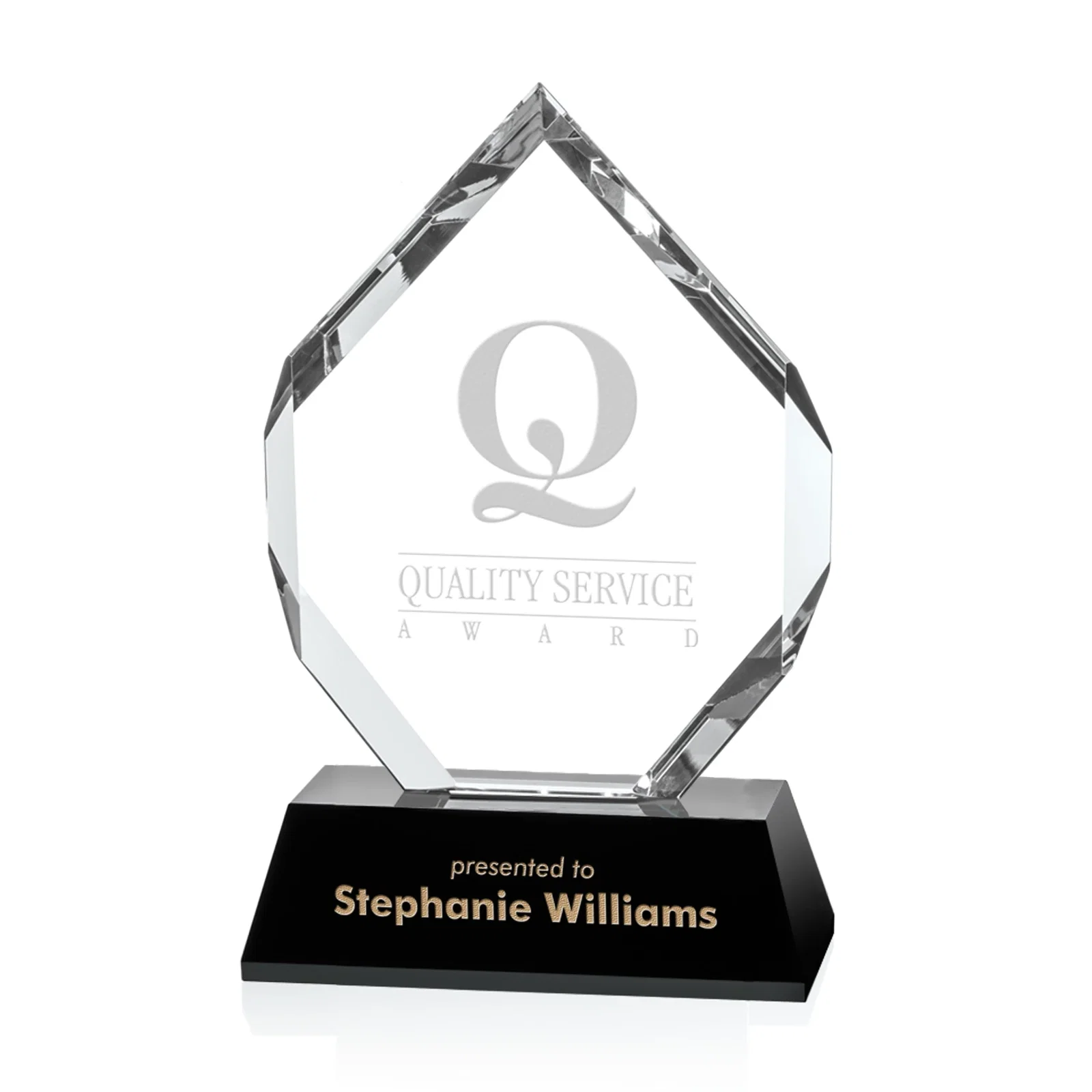 Custom Hand-Faceted Optical Crystal Wedge Award on a Black Base, awards for corporate award ceremonies