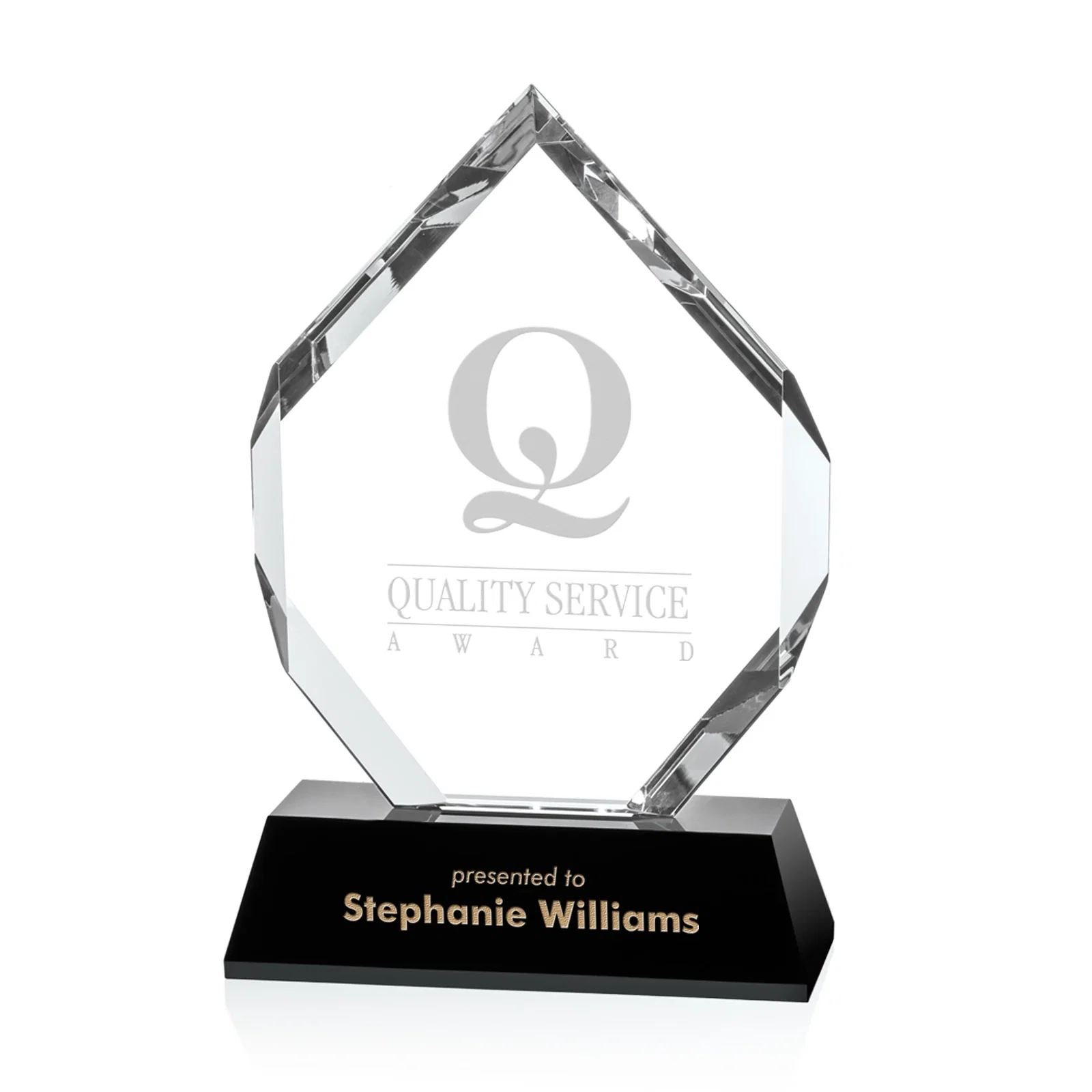 Custom Hand-Faceted Optical Crystal Wedge Award on a Black Base, awards for service anniversary gifts