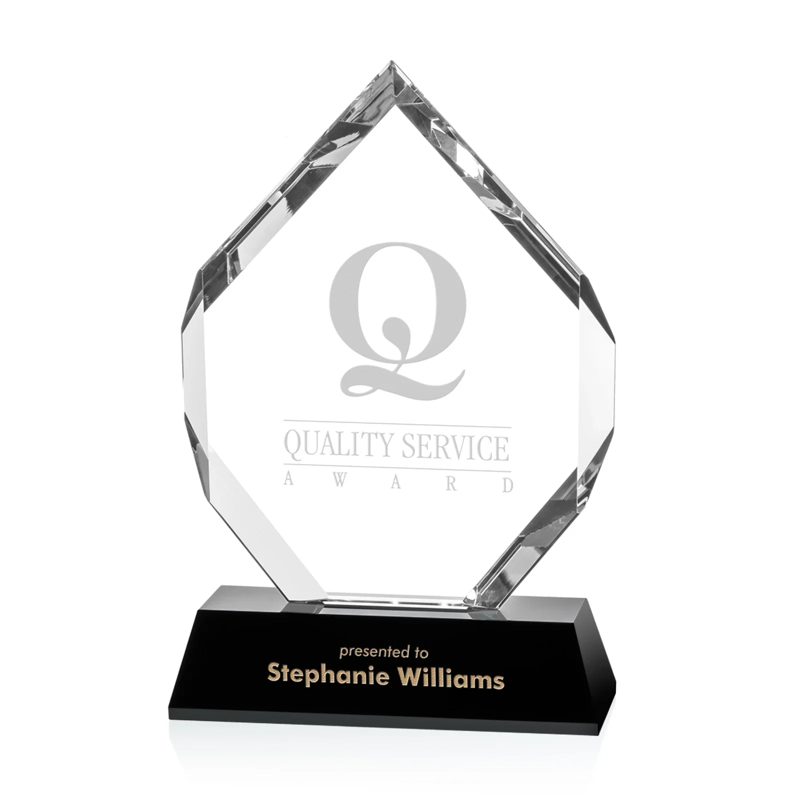 Custom Hand-Faceted Optical Crystal Wedge Award on a Black Base, awards for sales achievement awards