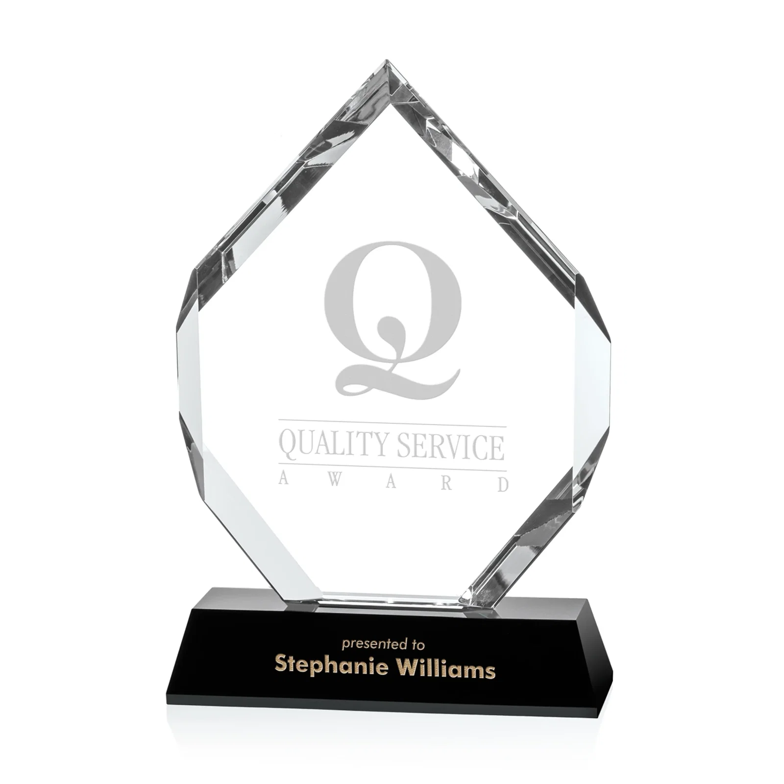 Custom Hand-Faceted Optical Crystal Wedge Award on a Black Base, awards for retirement presentations