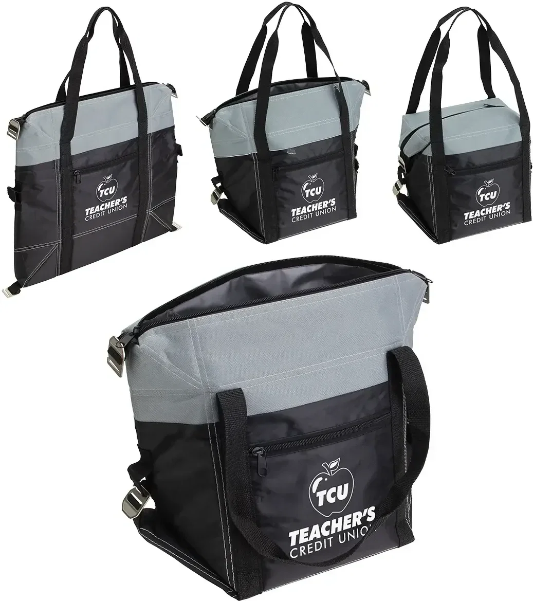 Glacier convertible branded cooler bag detail of logo imprint area and handles
