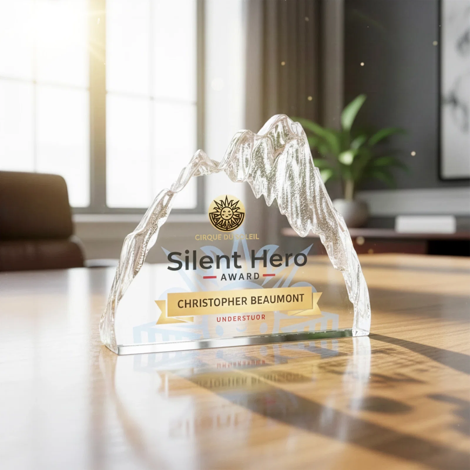 Custom Freestanding Optical Crystal Glacier Award With Ice-Carved Edges, awards for volunteer appreciation