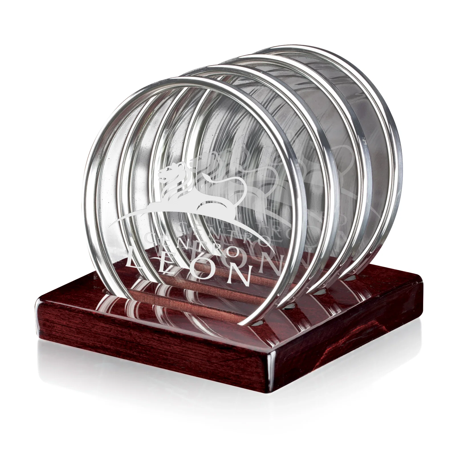 Glass Coaster Set with Stainless Rims on a Rosewood Stand — view 3