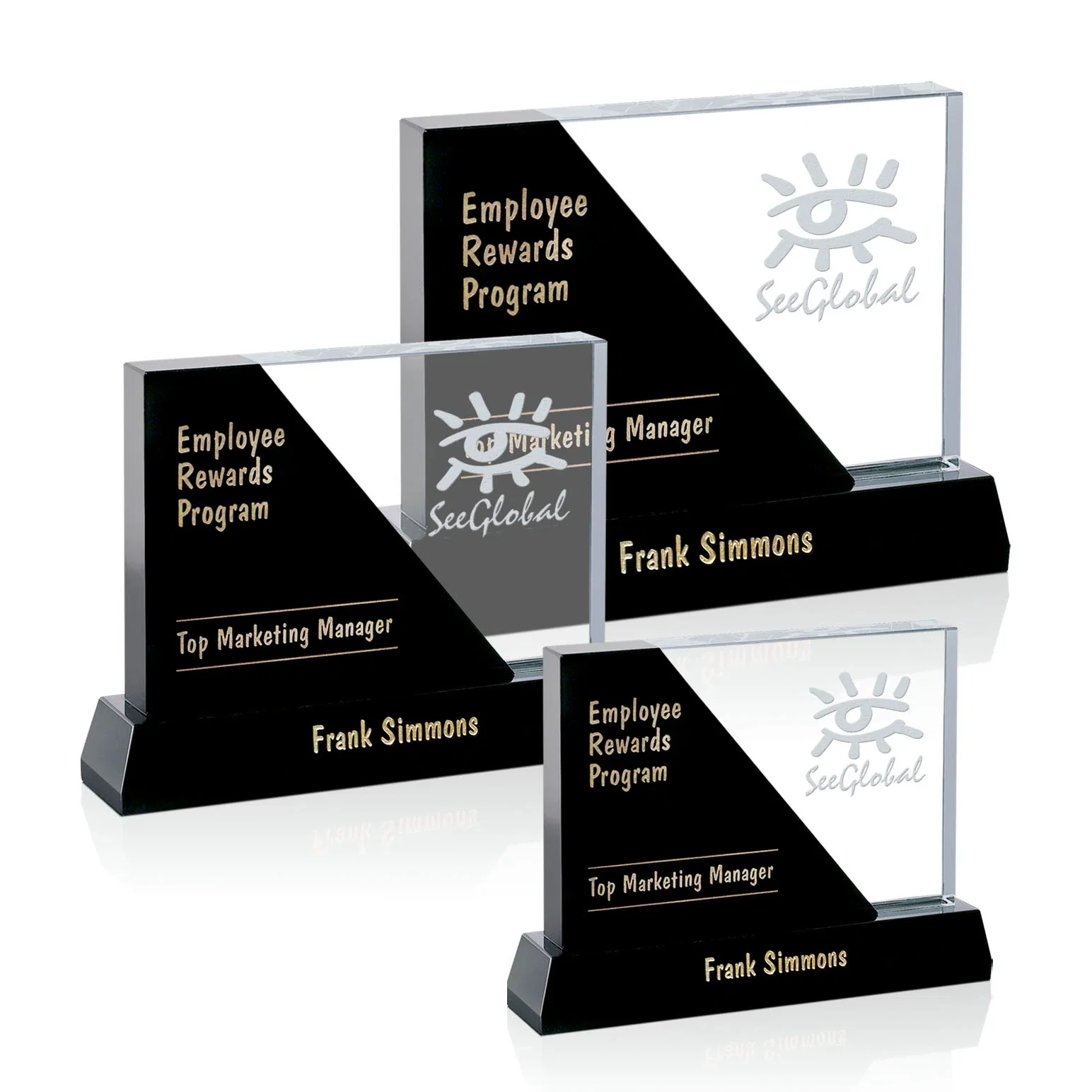 Custom Black and Clear Optical Crystal Award with Diagonal Split, awards for employee recognition