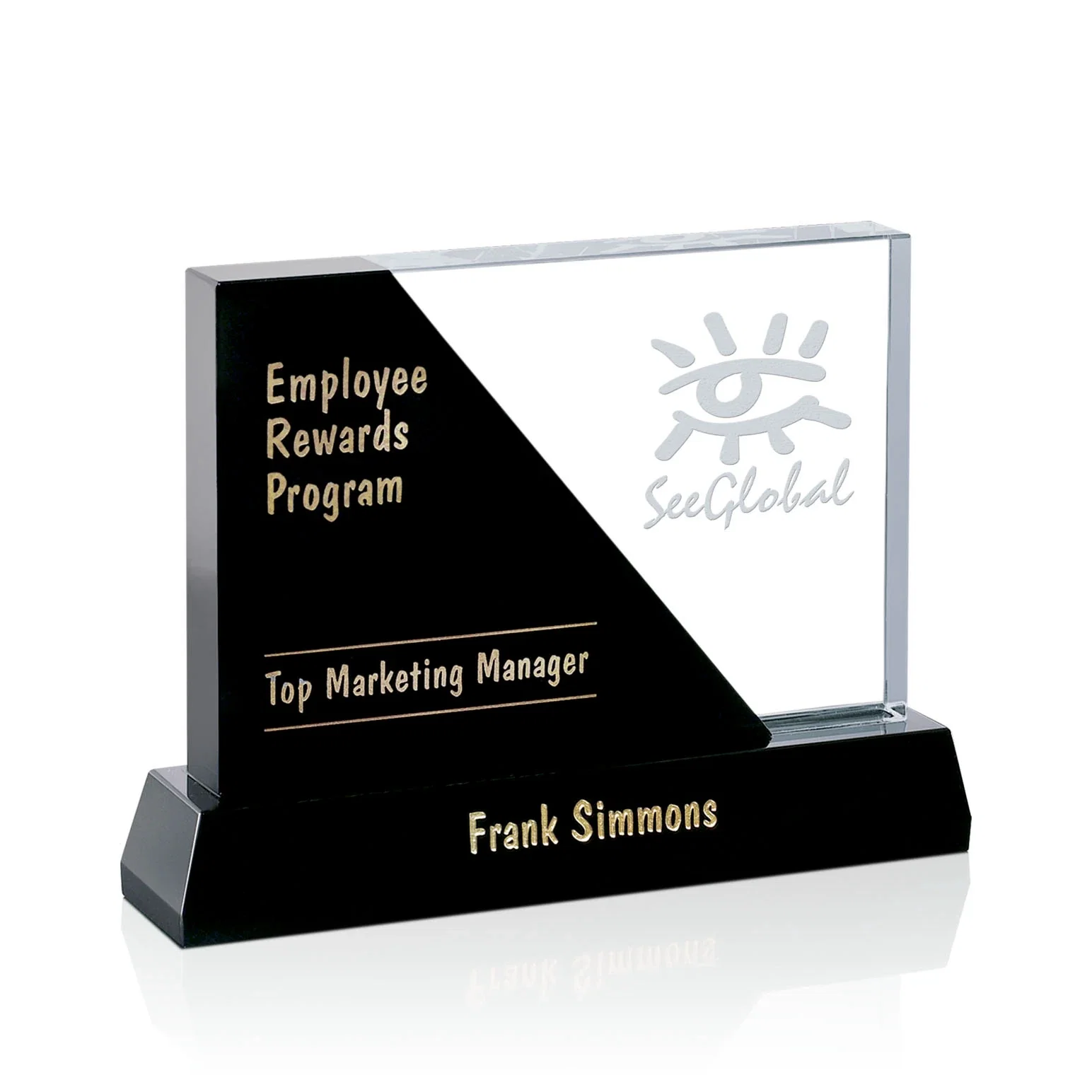 Custom Black and Clear Optical Crystal Award with Diagonal Split, awards for corporate award ceremonies