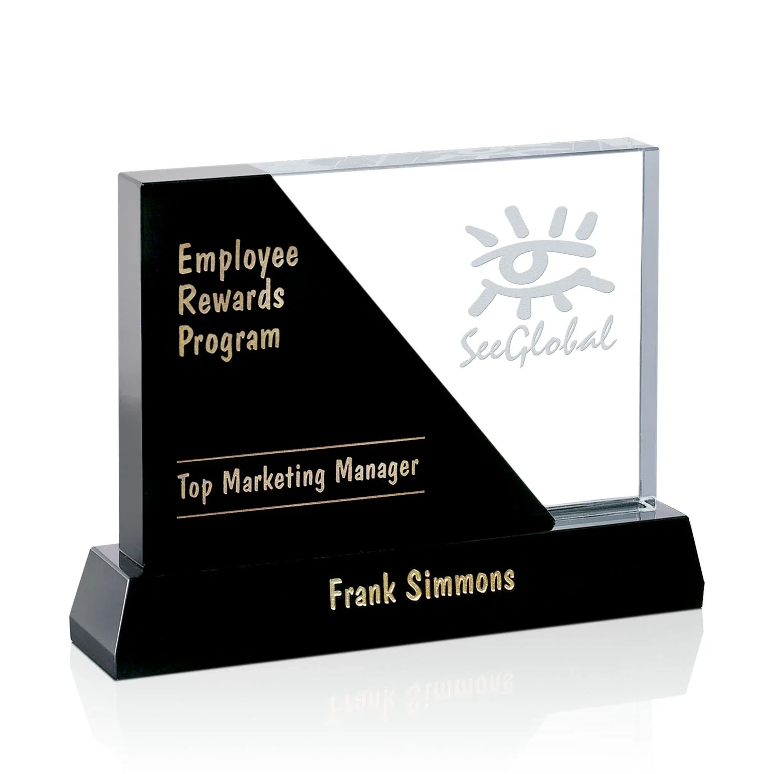 Custom Black and Clear Optical Crystal Award with Diagonal Split, awards for service anniversary gifts