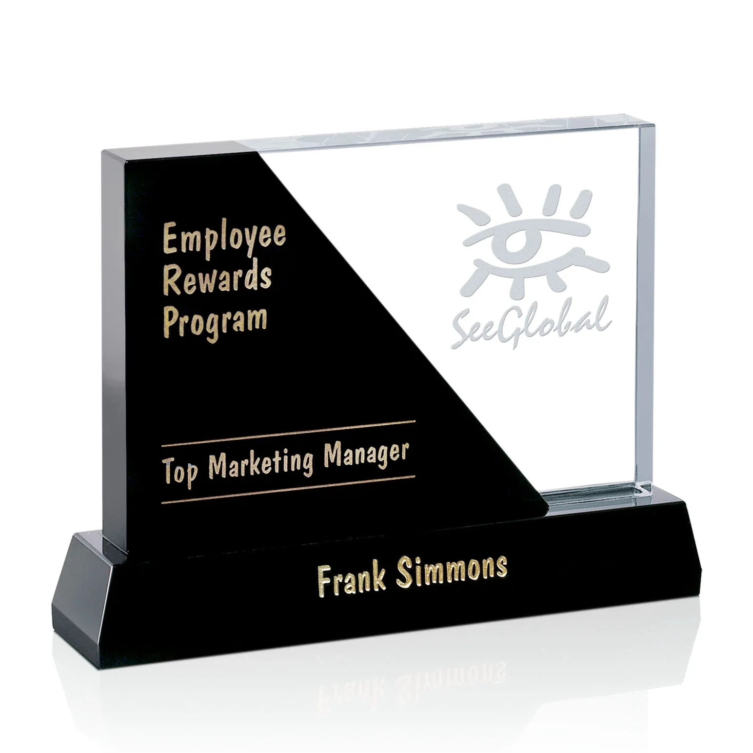 Custom Black and Clear Optical Crystal Award with Diagonal Split, awards for sales achievement awards