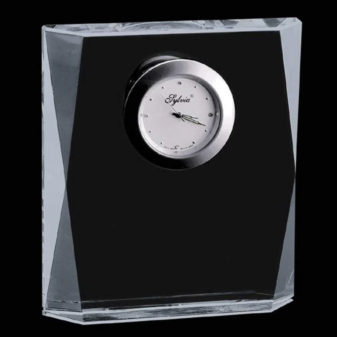 Custom Faceted Optical Crystal Rectangle Desk Clock for corporate award ceremonies