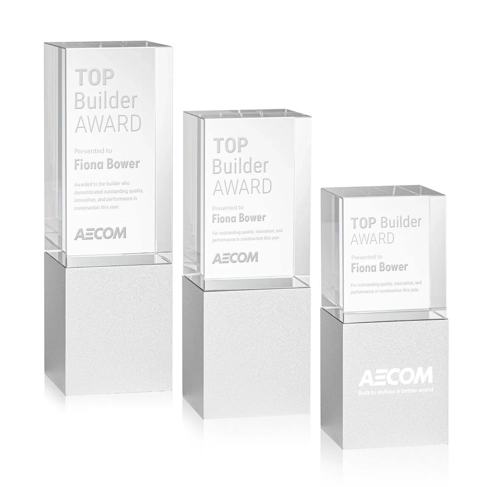 Custom Optical Crystal Award on Brushed Aluminum Base, metal awards for employee recognition