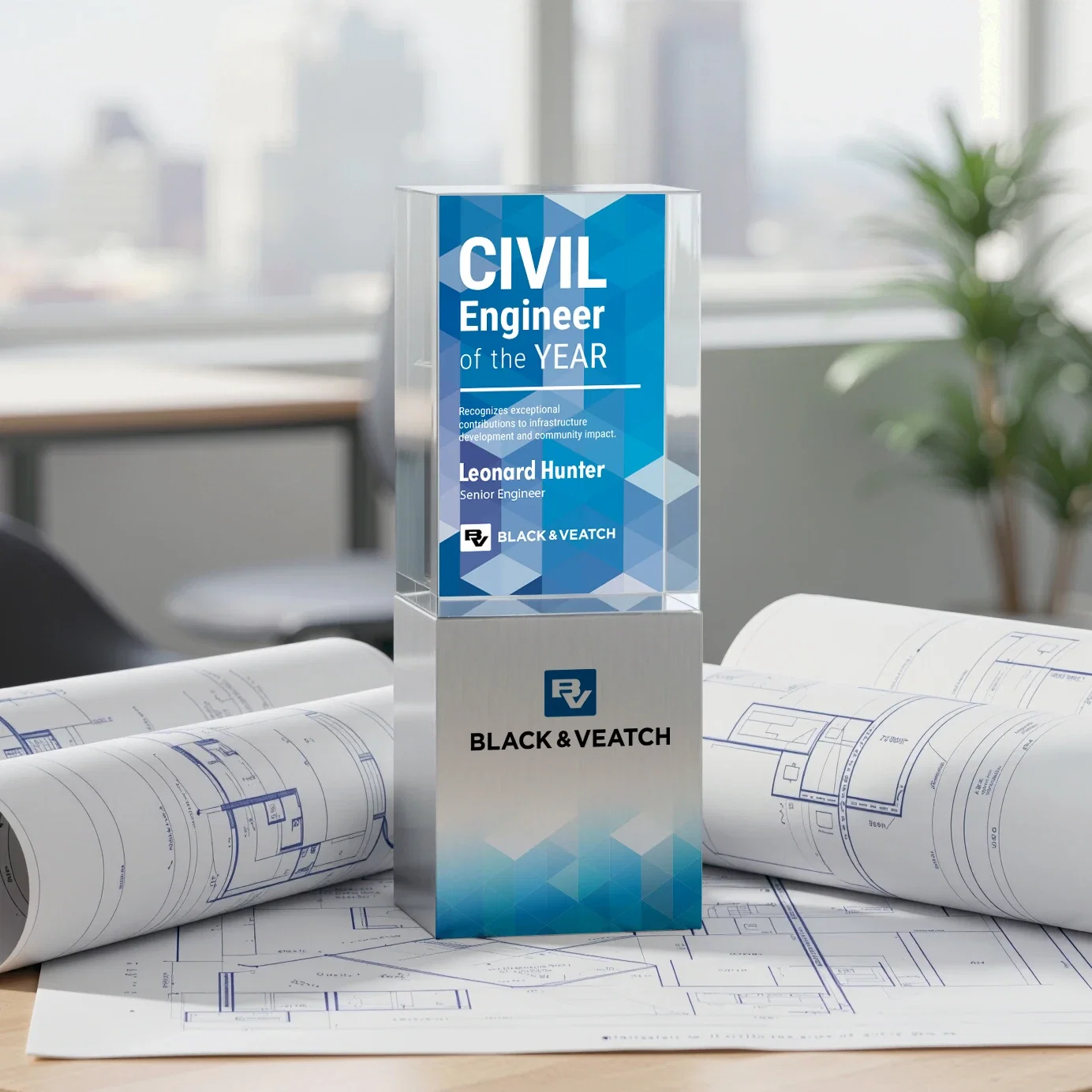 Custom Optical Crystal Award on Brushed Aluminum Base, metal awards for volunteer appreciation
