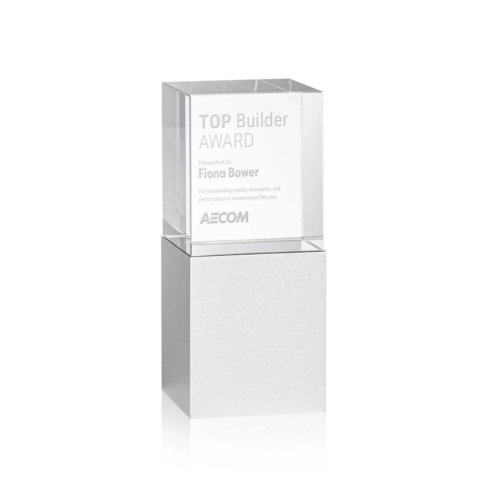 Custom Optical Crystal Award on Brushed Aluminum Base, metal awards for corporate award ceremonies