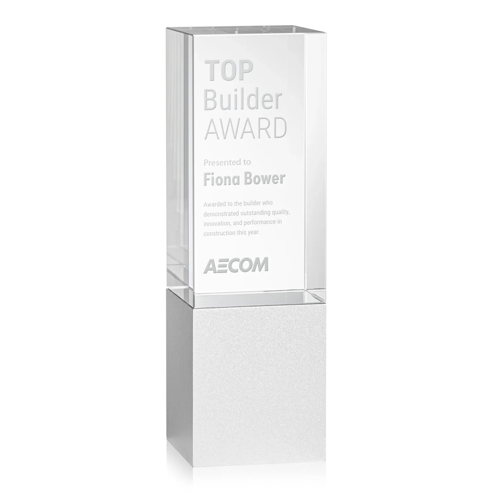 Custom Optical Crystal Award on Brushed Aluminum Base, metal awards for sales achievement awards