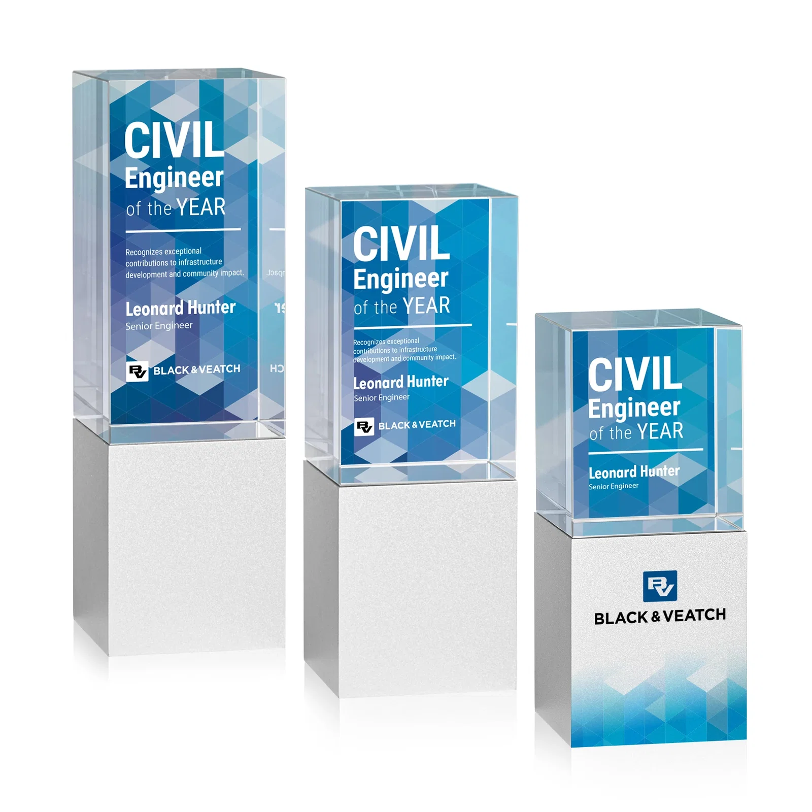 Custom Optical Crystal Award on Brushed Aluminum Base, metal awards for team milestone celebrations