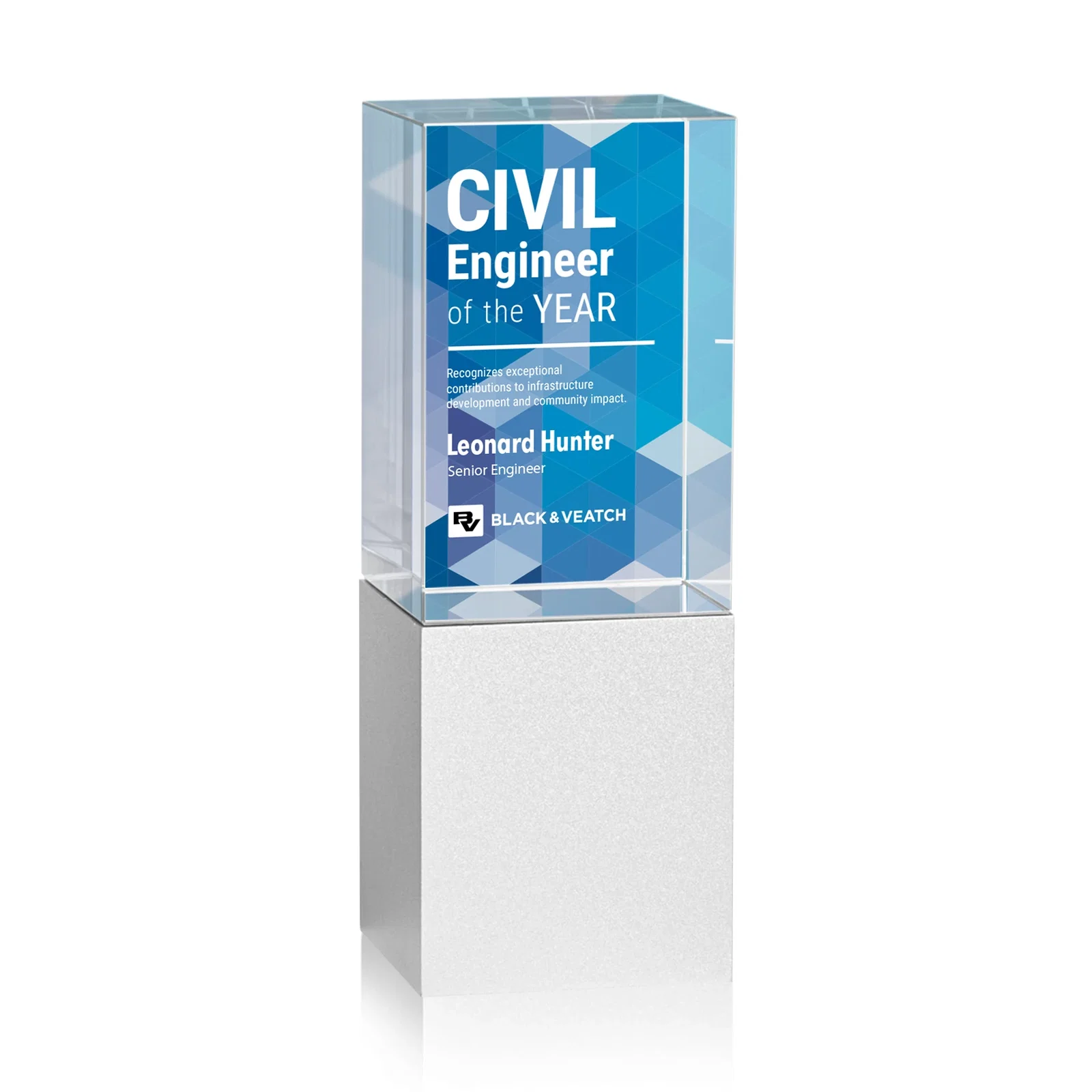 Custom Optical Crystal Award on Brushed Aluminum Base, metal awards for graduation ceremonies