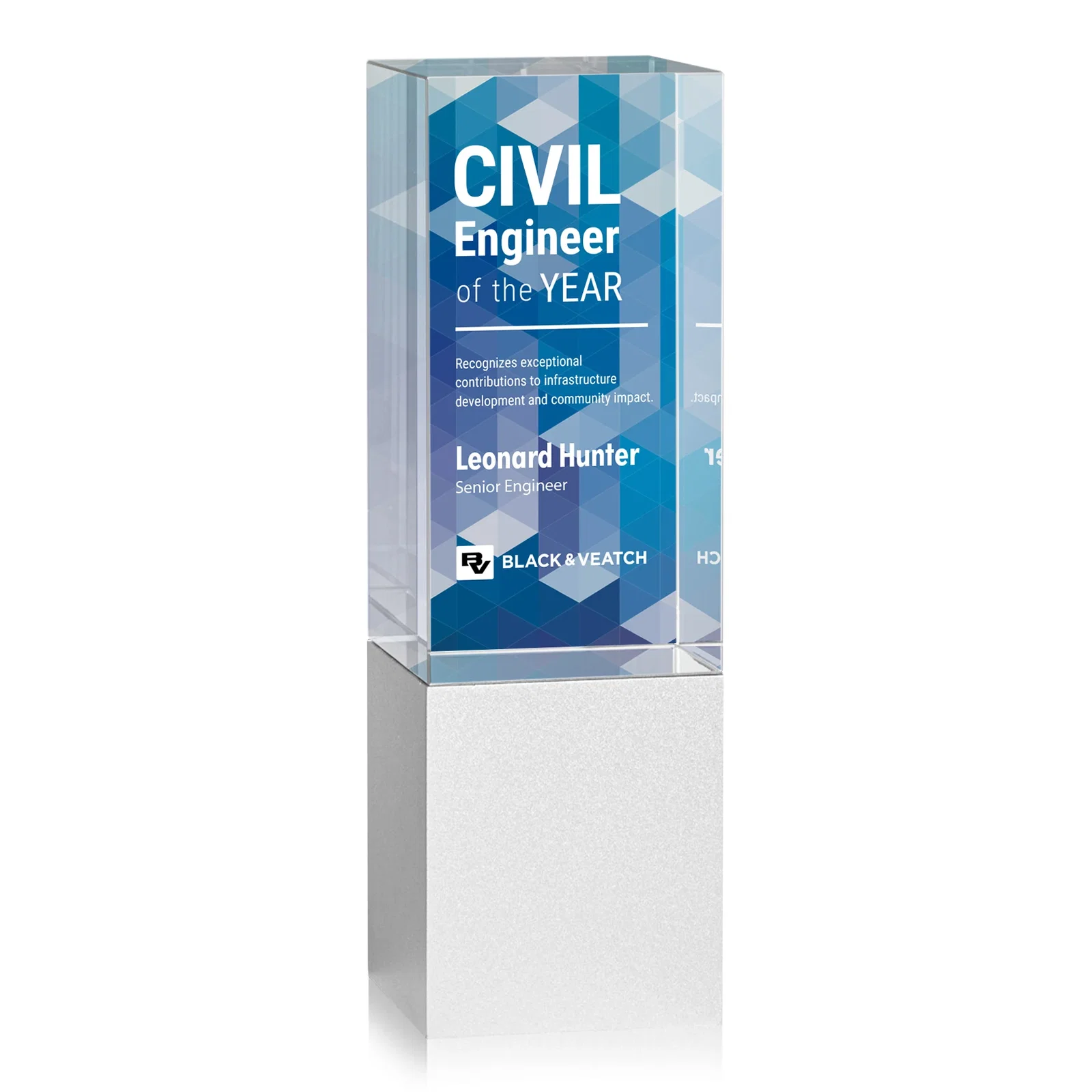 Custom Optical Crystal Award on Brushed Aluminum Base, metal awards for safety achievement programs