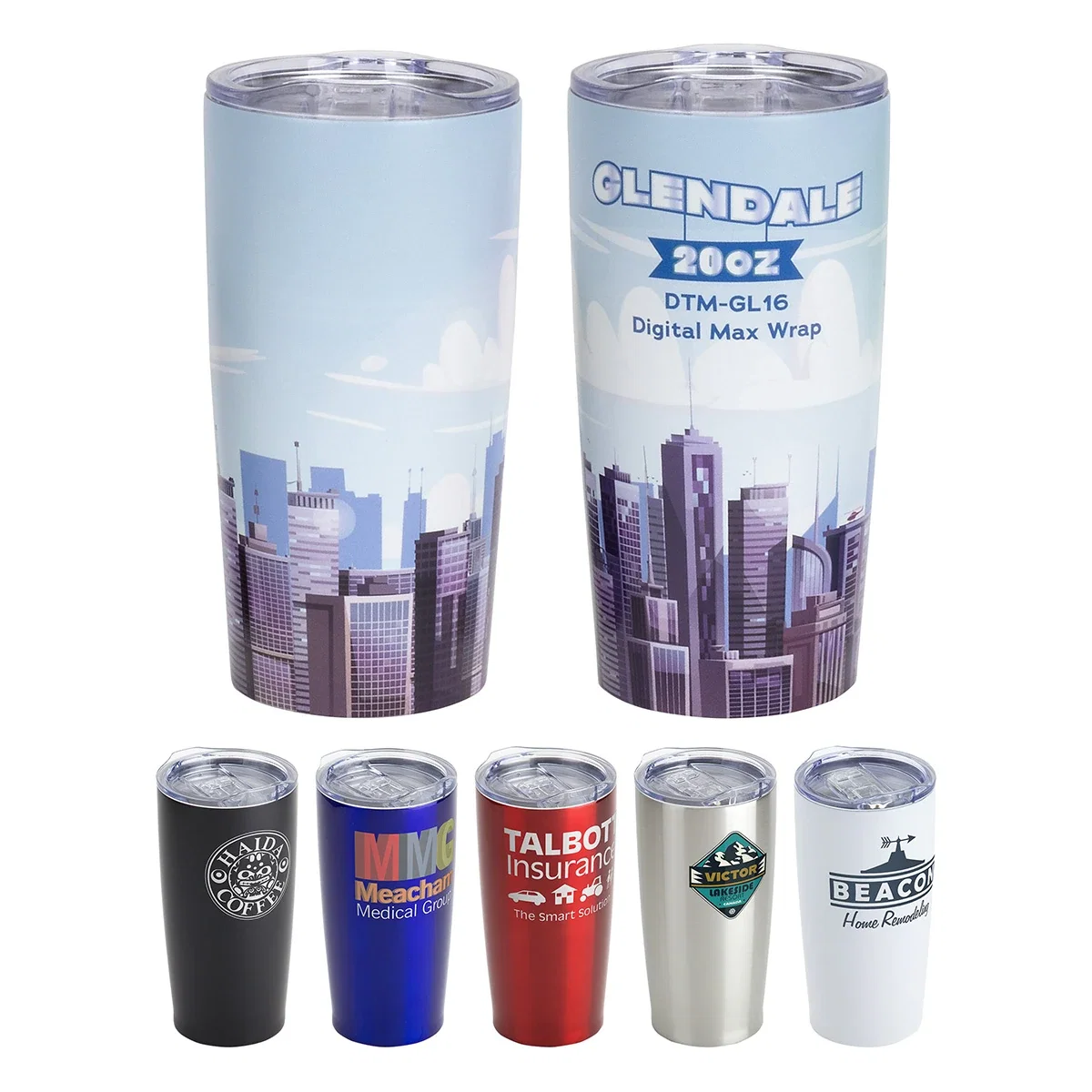 Custom Glendale 20 oz Vacuum Insulated Stainless Steel Tumbler, front view of the branded tumbler
