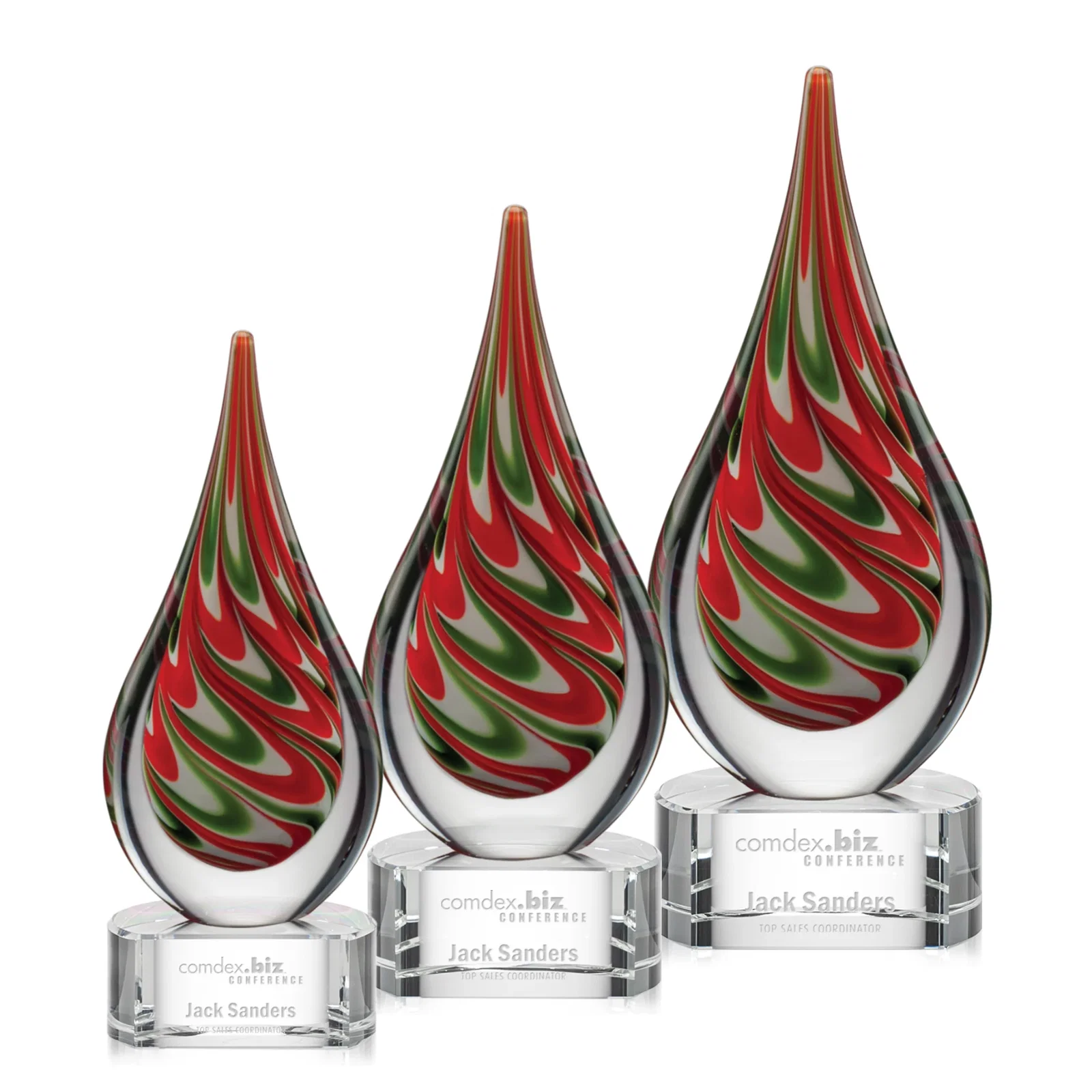 Custom Colored Veil Art Glass Teardrop Award on Optical Crystal Base for employee recognition