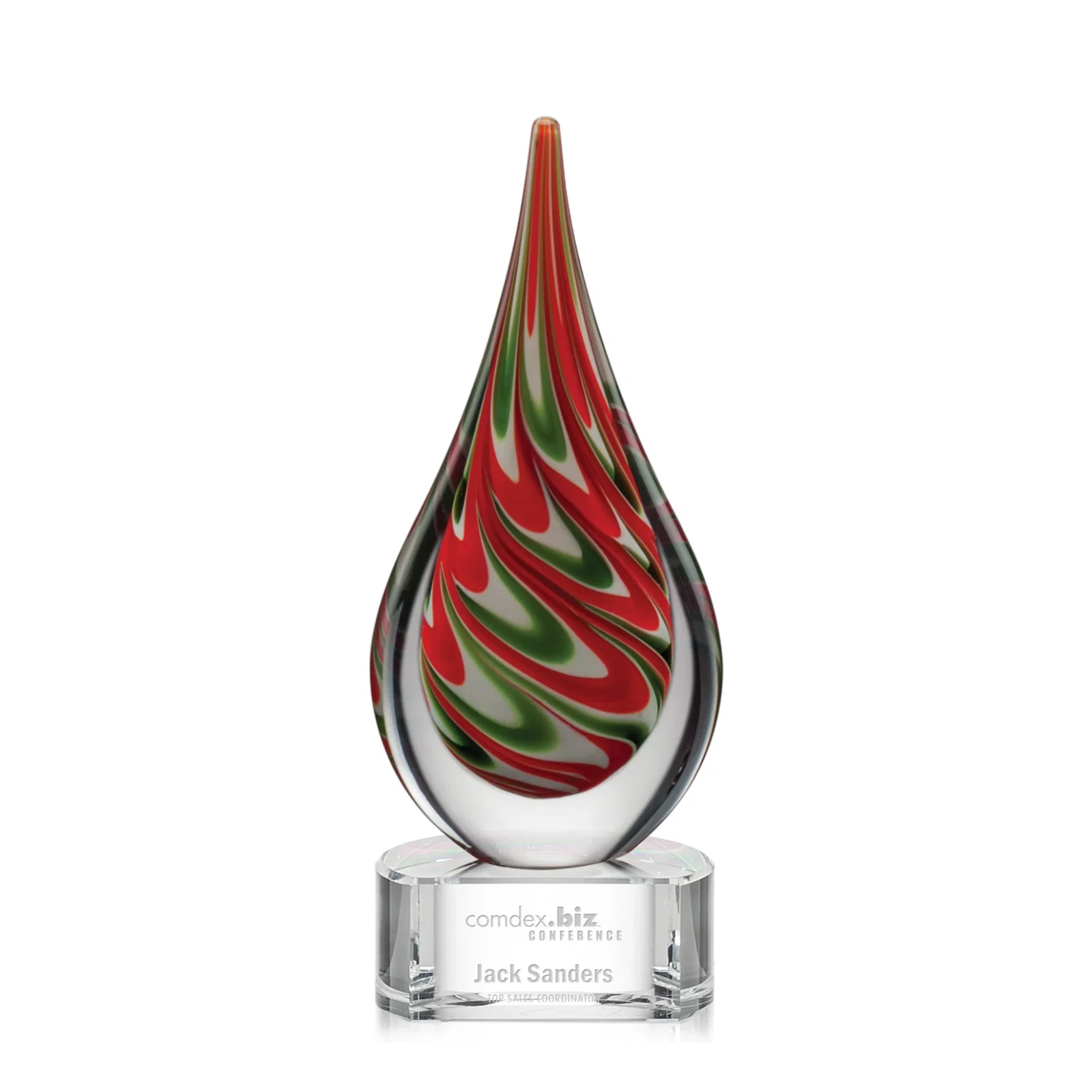 Custom Colored Veil Art Glass Teardrop Award on Optical Crystal Base for corporate award ceremonies