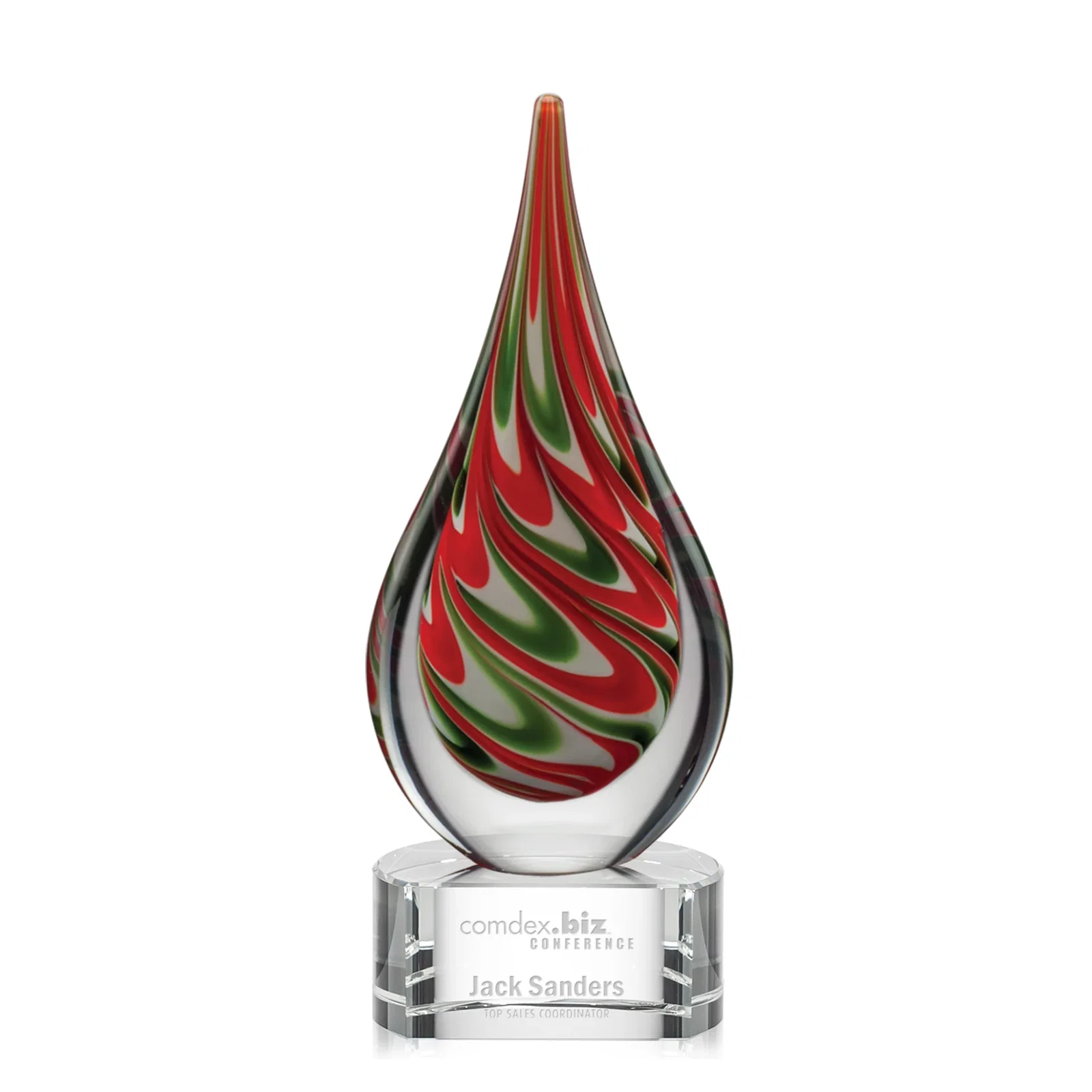 Custom Colored Veil Art Glass Teardrop Award on Optical Crystal Base for service anniversary gifts