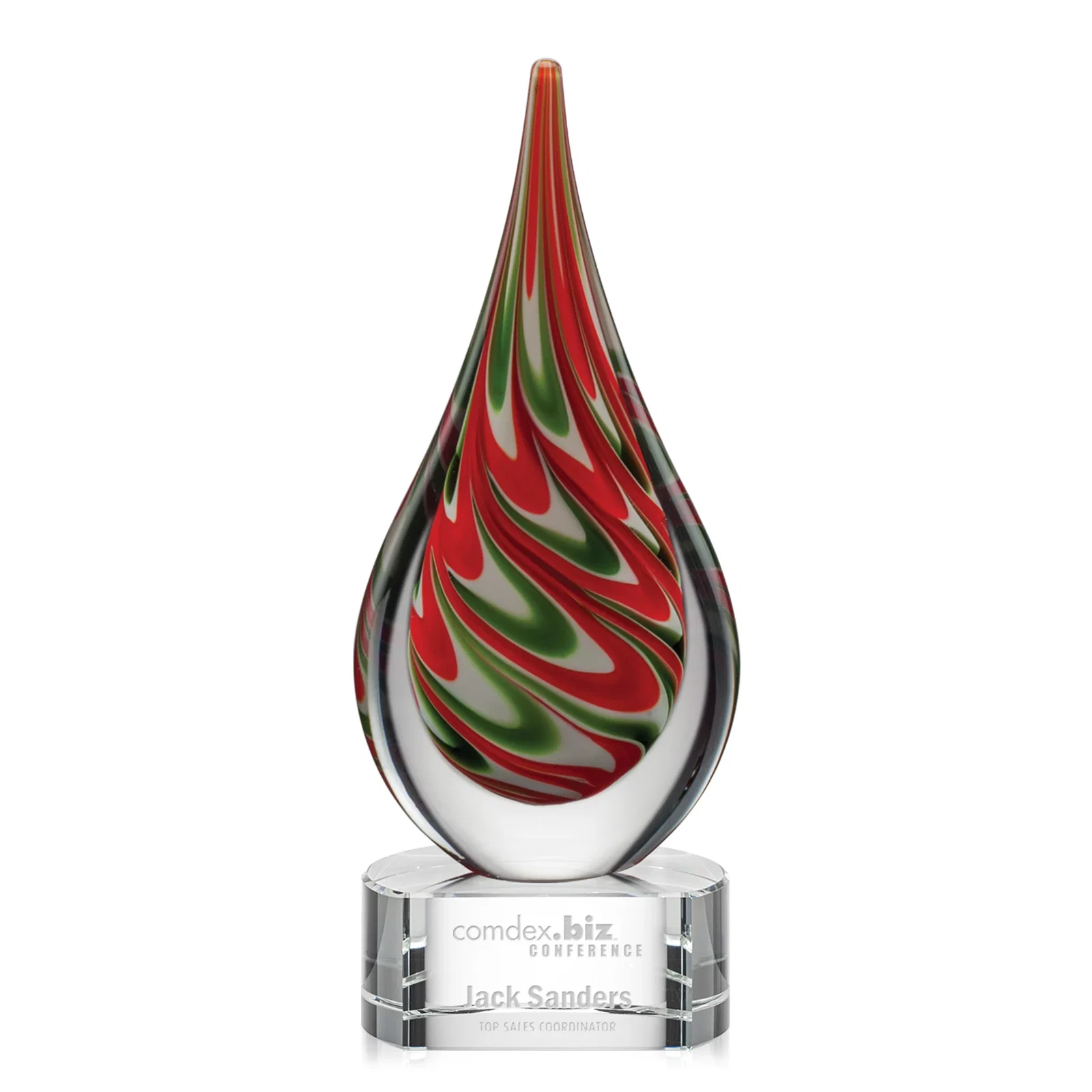 Custom Colored Veil Art Glass Teardrop Award on Optical Crystal Base for sales achievement awards