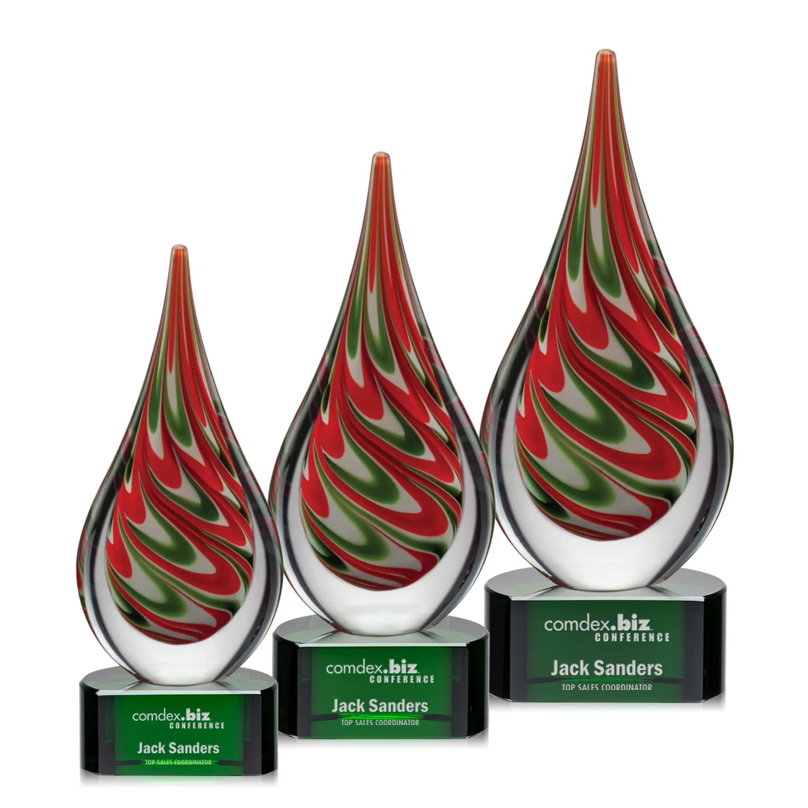 Custom Colored Veil Art Glass Teardrop Award on Optical Crystal Base for retirement presentations