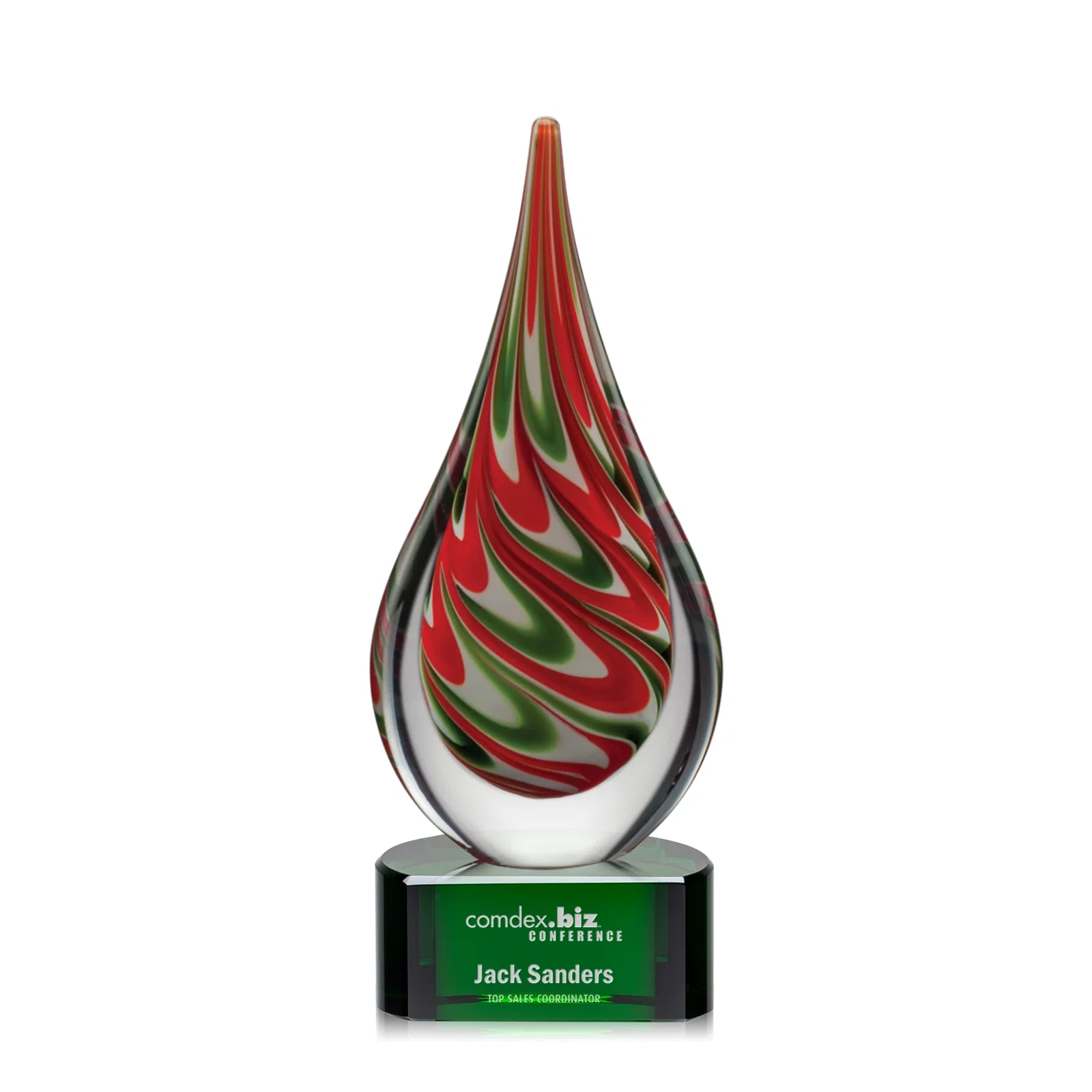 Custom Colored Veil Art Glass Teardrop Award on Optical Crystal Base for team milestone celebrations