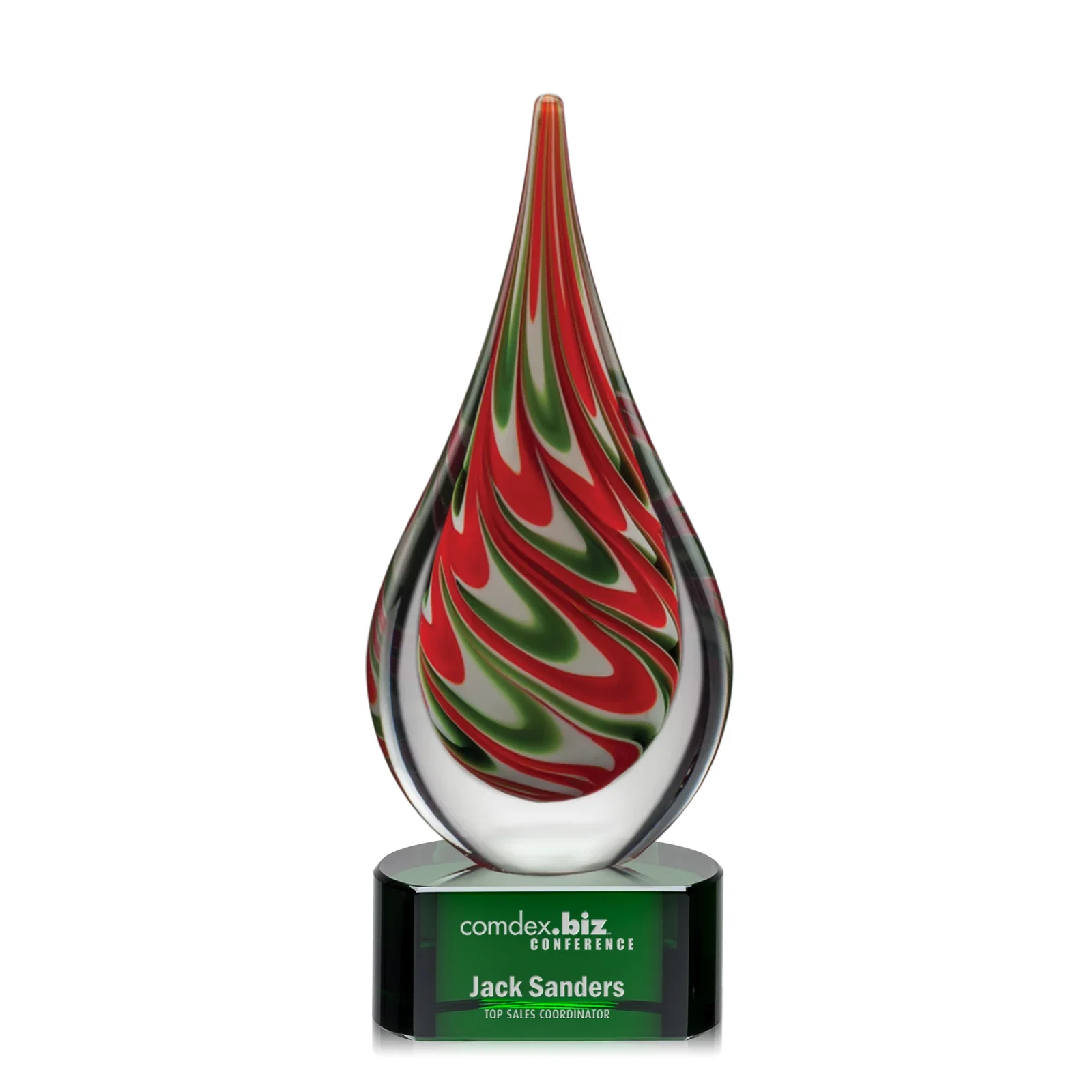 Custom Colored Veil Art Glass Teardrop Award on Optical Crystal Base for donor appreciation
