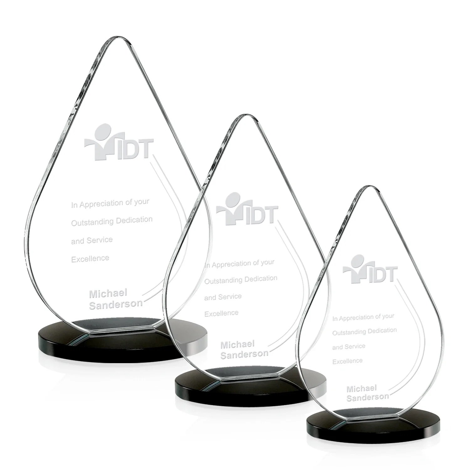 Custom Starfire Crystal Droplet Award on Rosewood-Toned Round Base for employee recognition