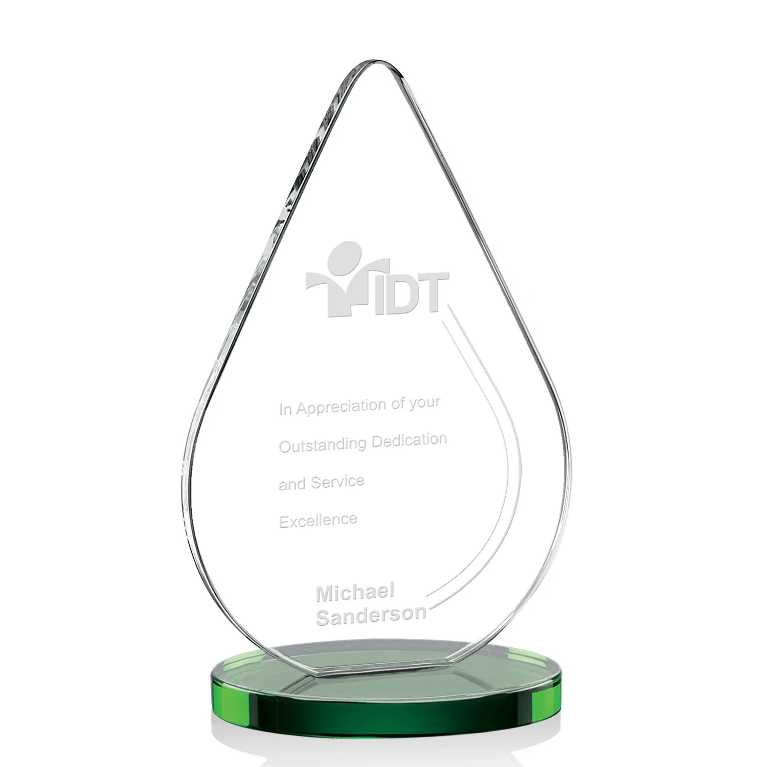 Custom Starfire Crystal Droplet Award on Rosewood-Toned Round Base for volunteer appreciation