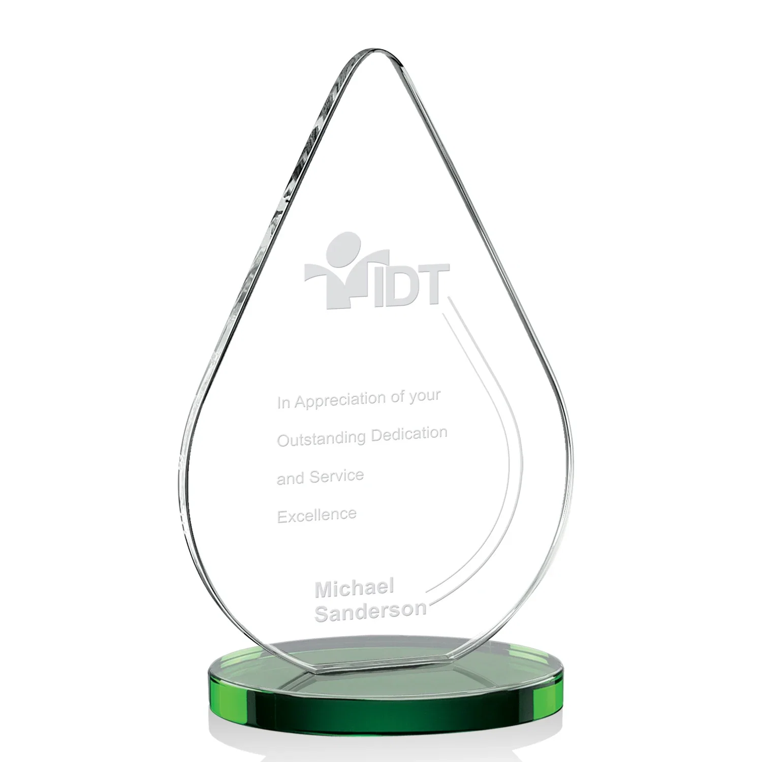 Custom Starfire Crystal Droplet Award on Rosewood-Toned Round Base for dealer and partner awards