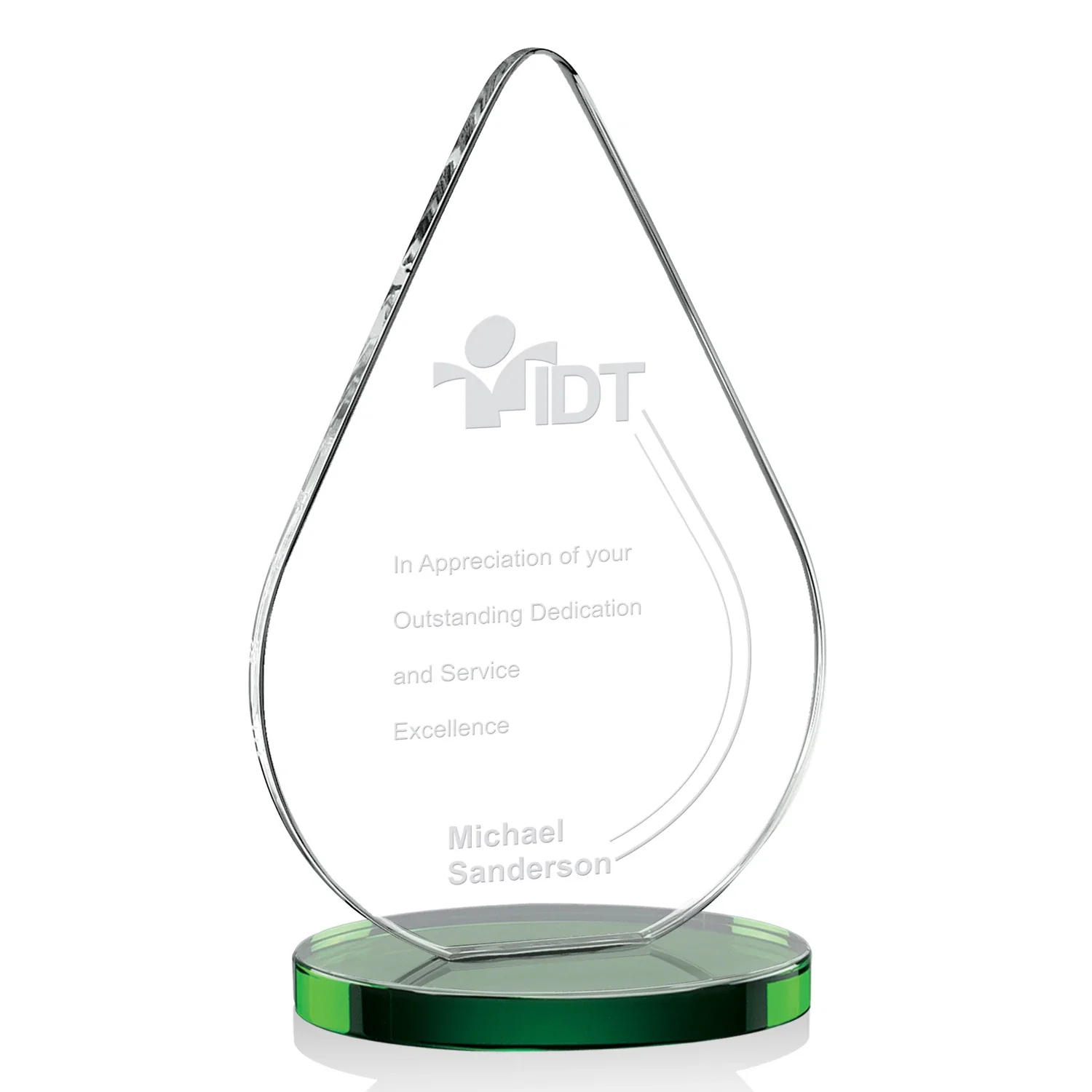 Custom Starfire Crystal Droplet Award on Rosewood-Toned Round Base for company anniversary events