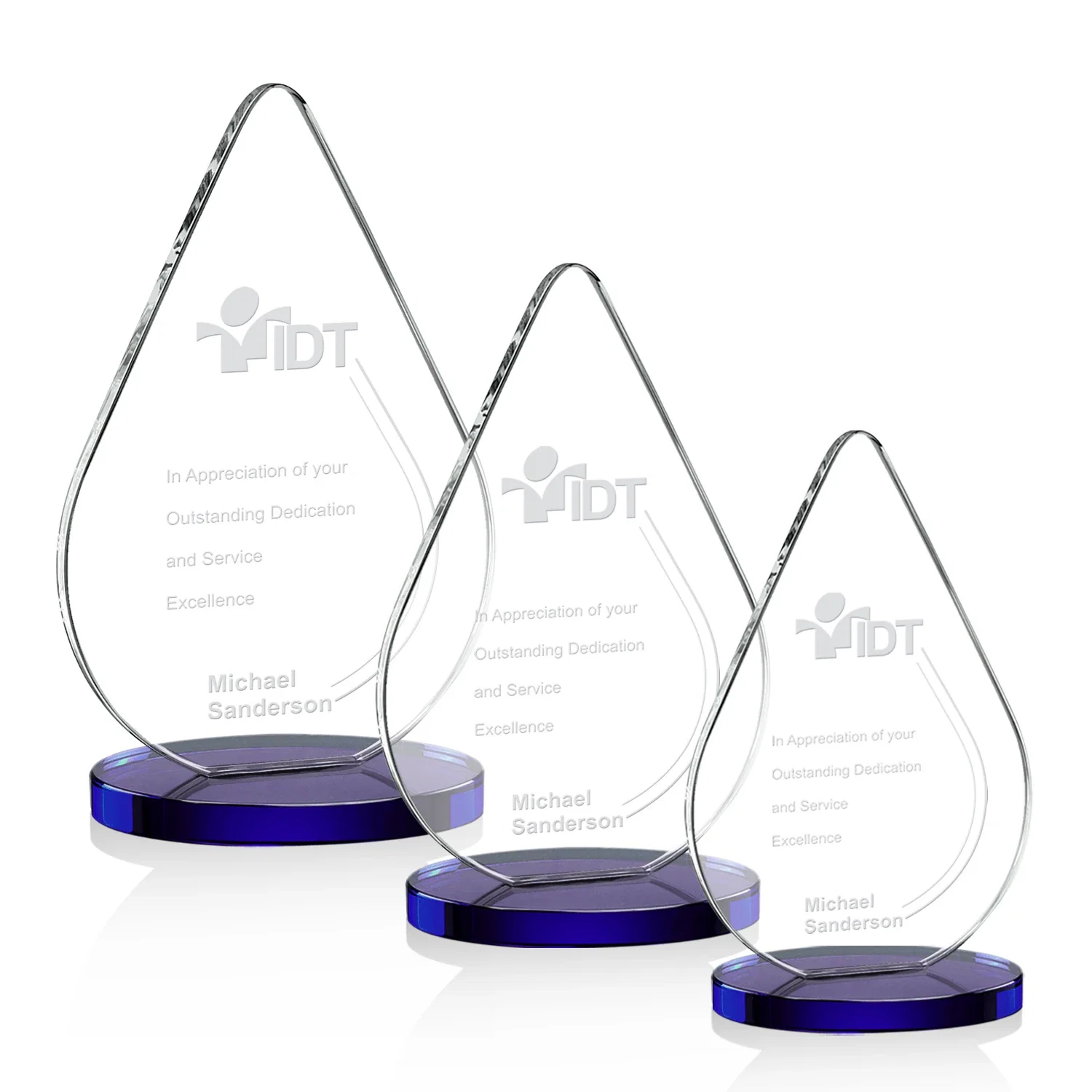 Personalized Starfire Crystal Droplet Award on Rosewood-Toned Round Base for employee recognition