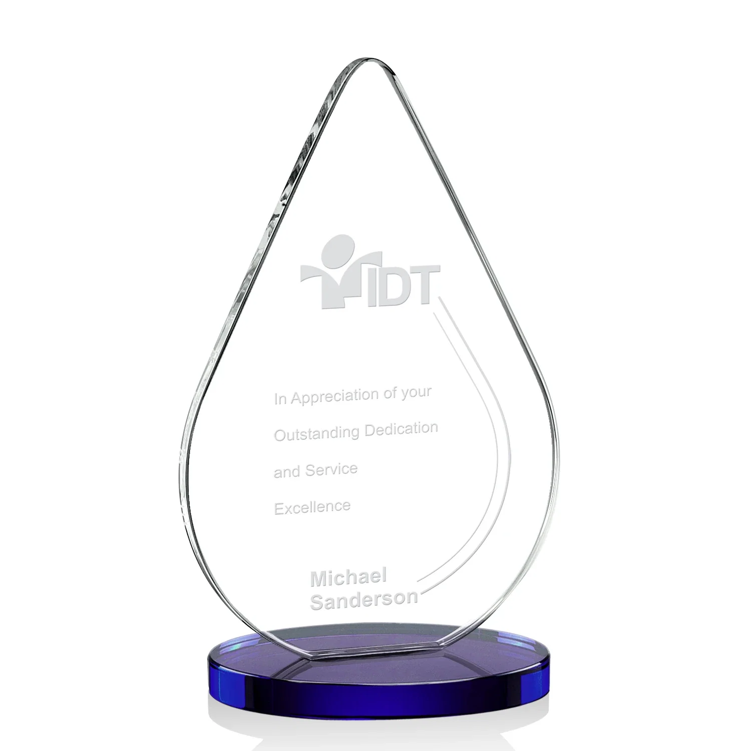 Personalized Starfire Crystal Droplet Award on Rosewood-Toned Round Base for corporate award ceremonies