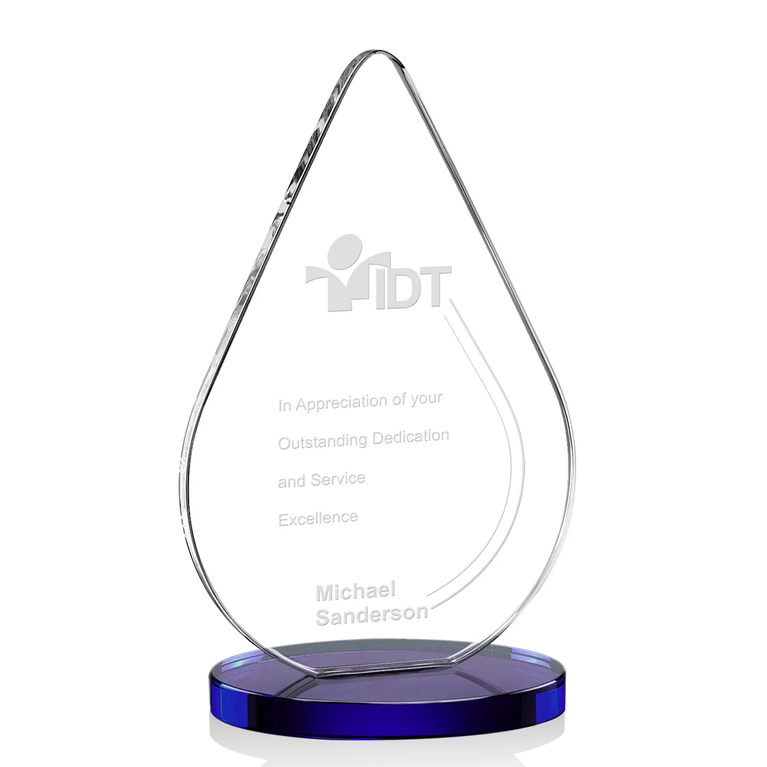 Personalized Starfire Crystal Droplet Award on Rosewood-Toned Round Base for service anniversary gifts