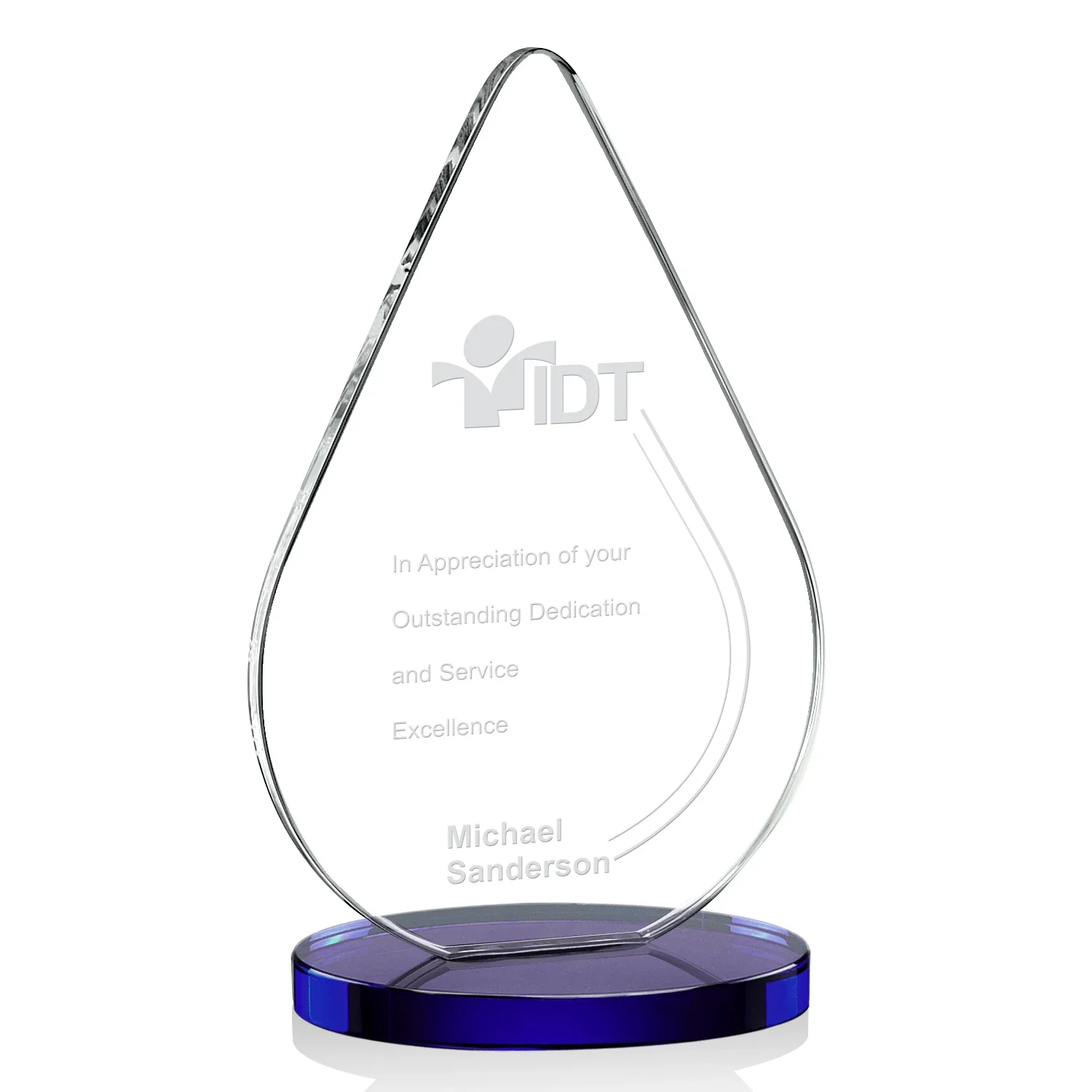 Personalized Starfire Crystal Droplet Award on Rosewood-Toned Round Base for sales achievement awards