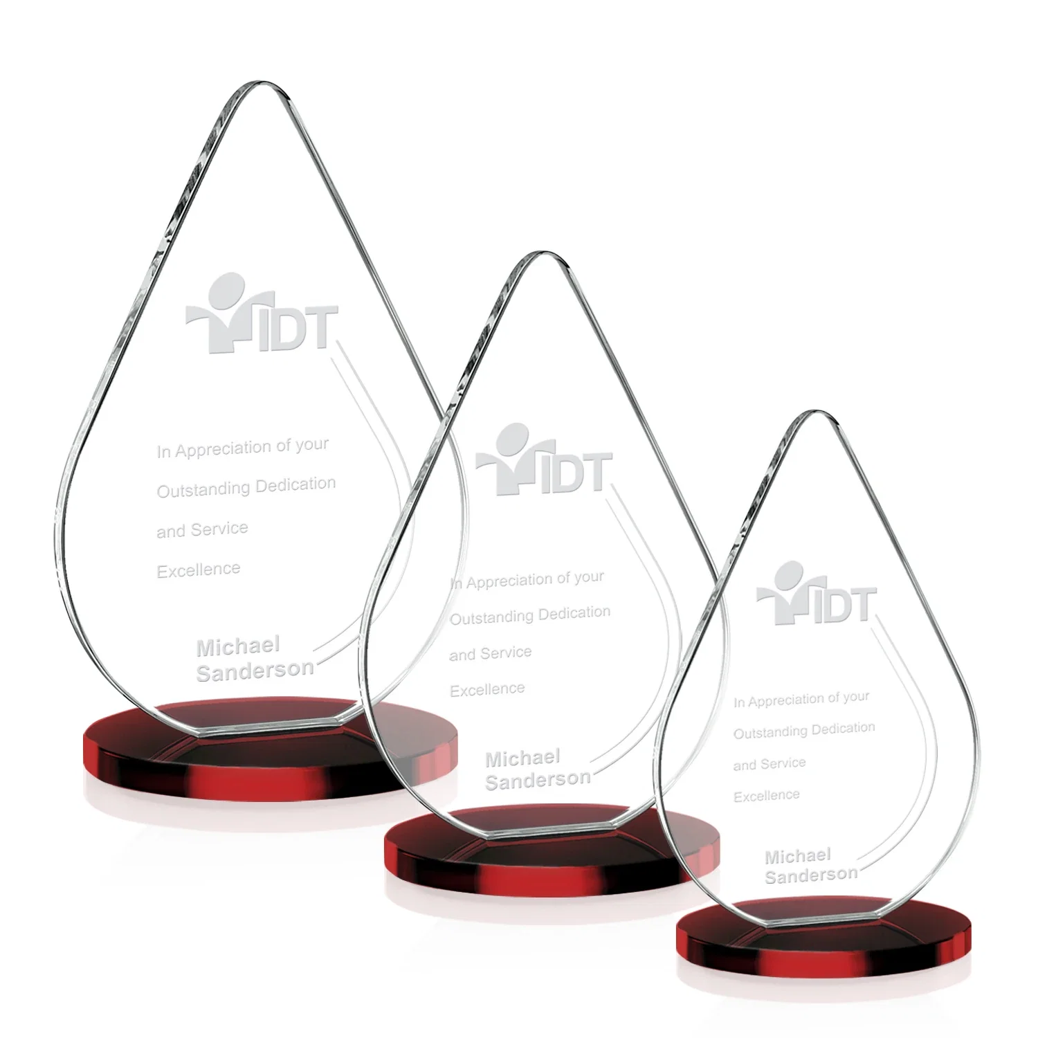 Personalized Starfire Crystal Droplet Award on Rosewood-Toned Round Base for retirement presentations