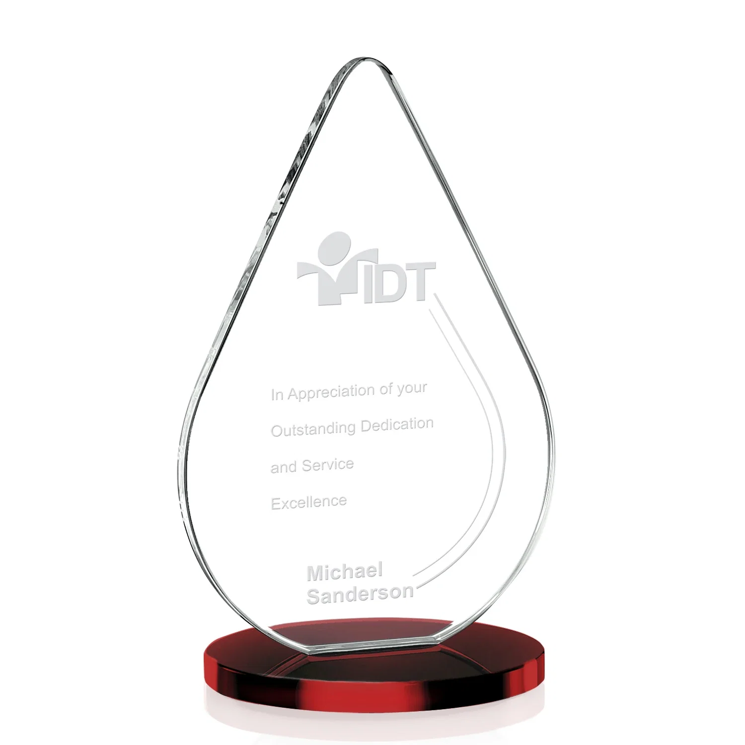 Personalized Starfire Crystal Droplet Award on Rosewood-Toned Round Base for team milestone celebrations