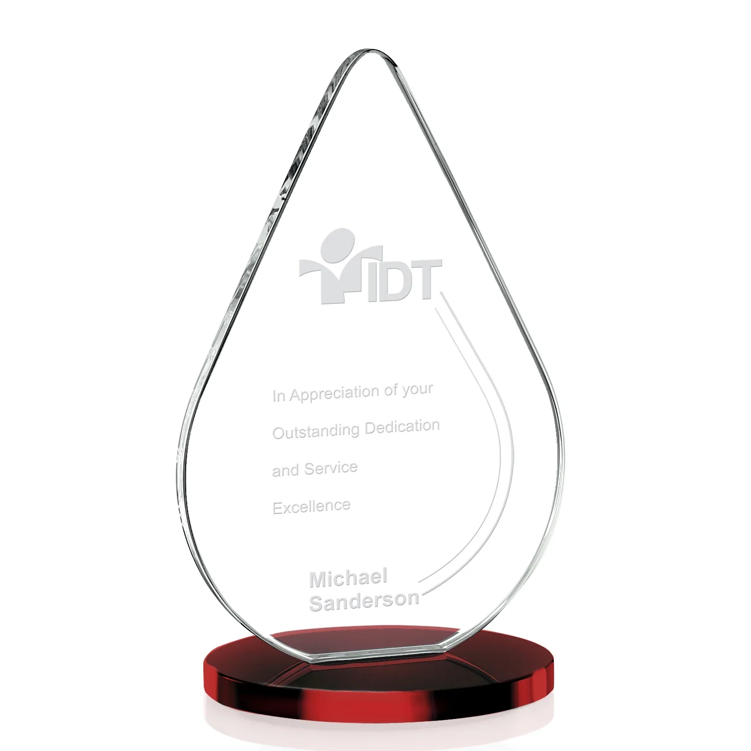 Personalized Starfire Crystal Droplet Award on Rosewood-Toned Round Base for donor appreciation