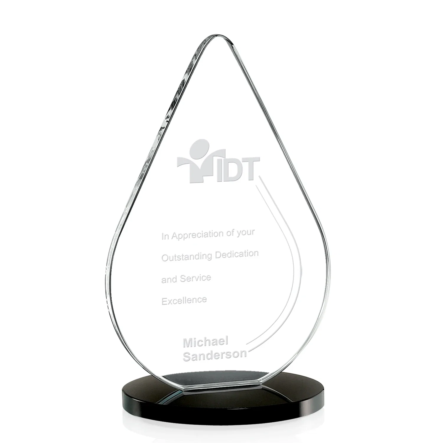 Custom Starfire Crystal Droplet Award on Rosewood-Toned Round Base for corporate award ceremonies